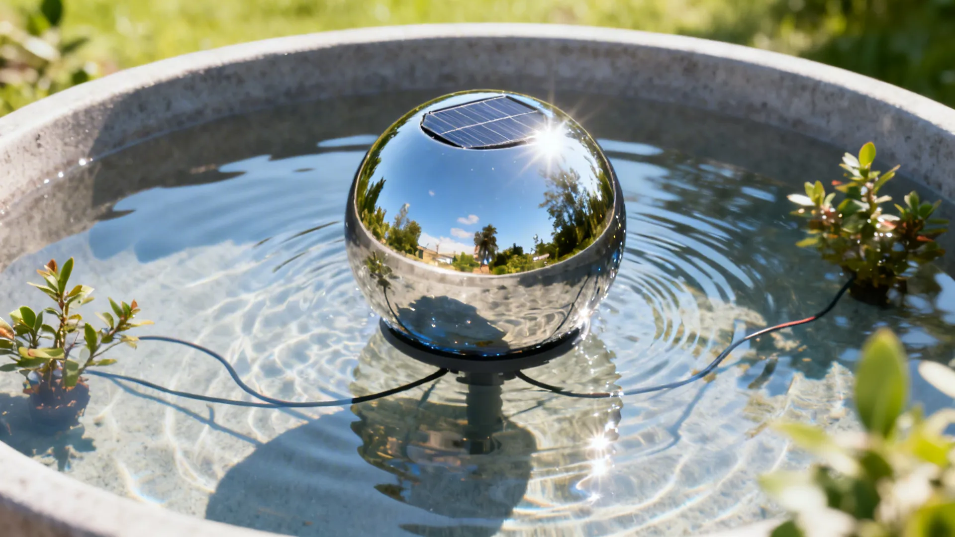 Shallow basin with a floating solar-powered sphere creating gentle ripples in sunlight.