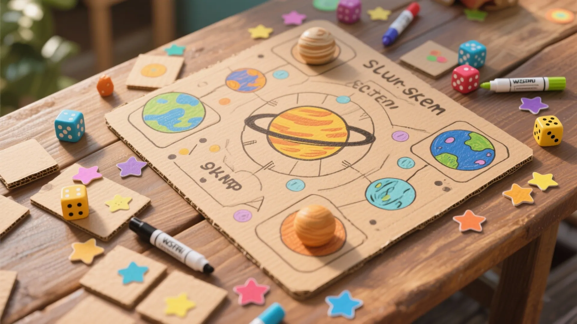 DIY solar system board game with hand-drawn planets and dice