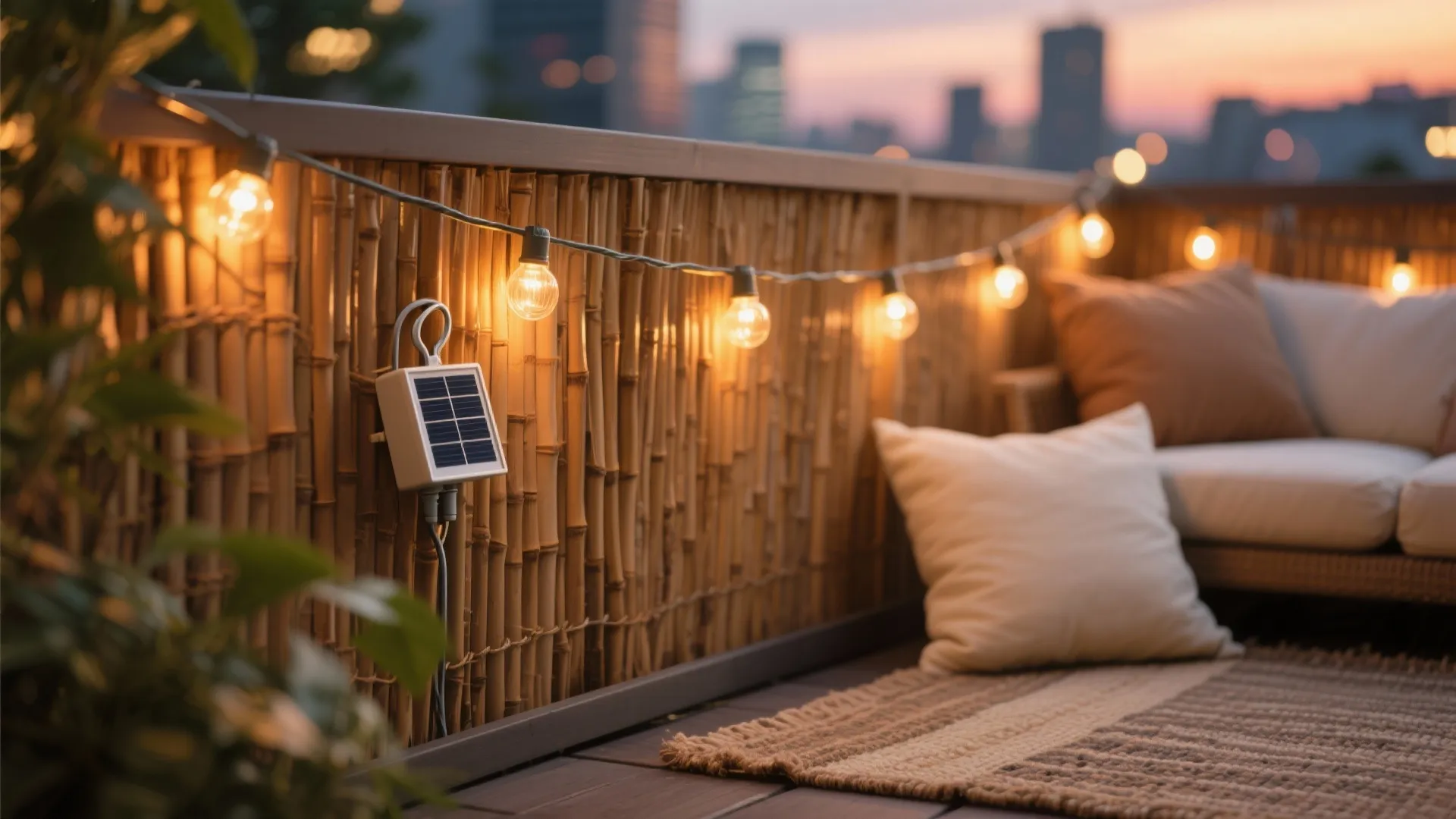 Macro of warm solar string lights over a bamboo screen with outdoor cushions and rug textures on a cozy balcony.