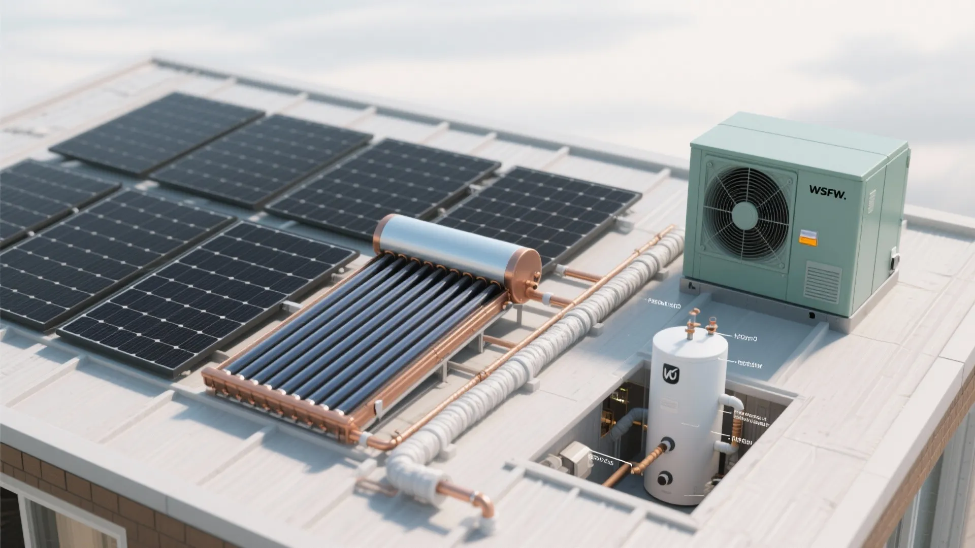 Hybrid roof with PV panels, solar thermal collectors, heat-pump water heater, and insulated plumbing to a hot water tank.