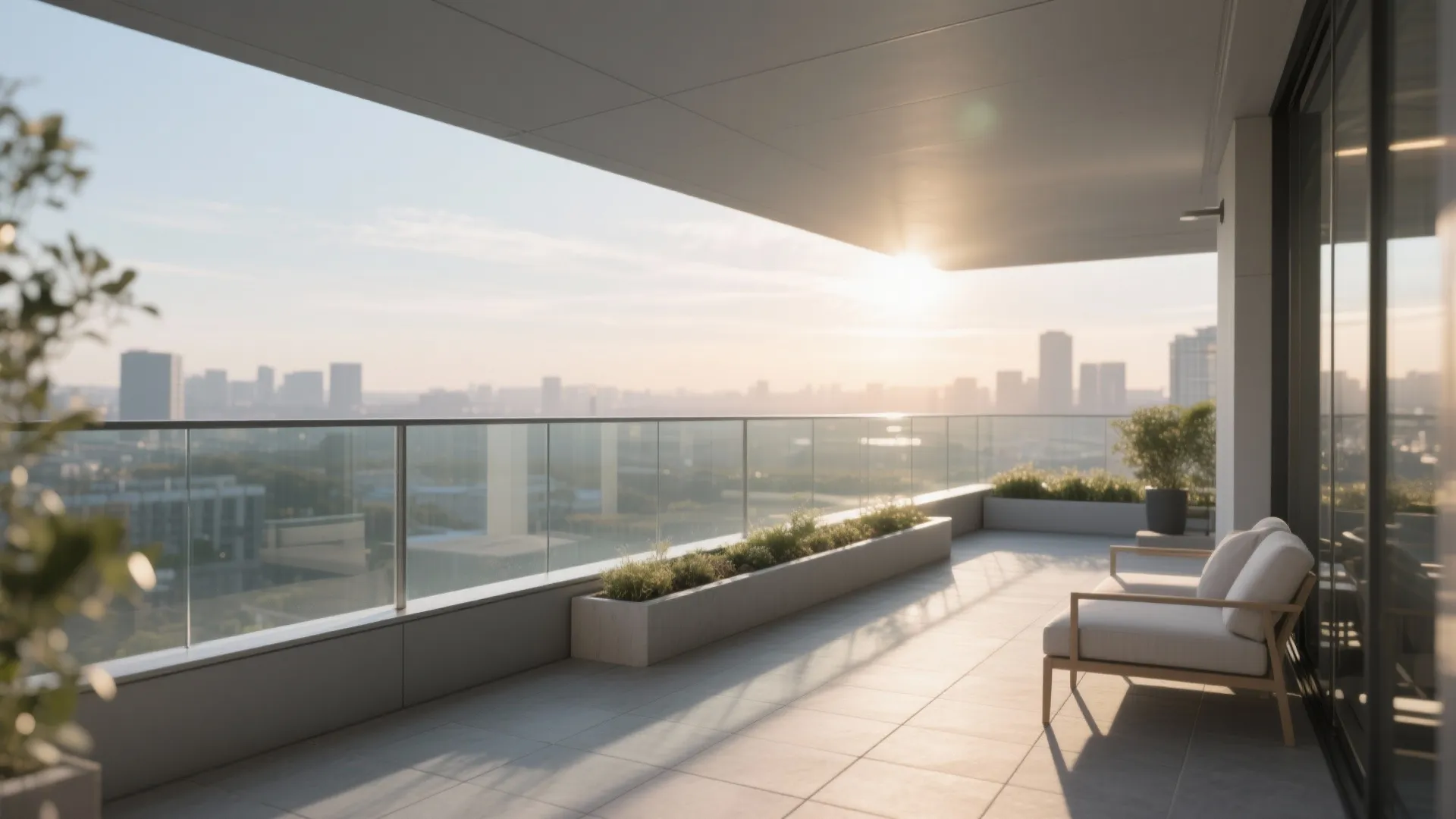 Modern apartment balcony with glass railing white sofa plant boxes and a sunset city view