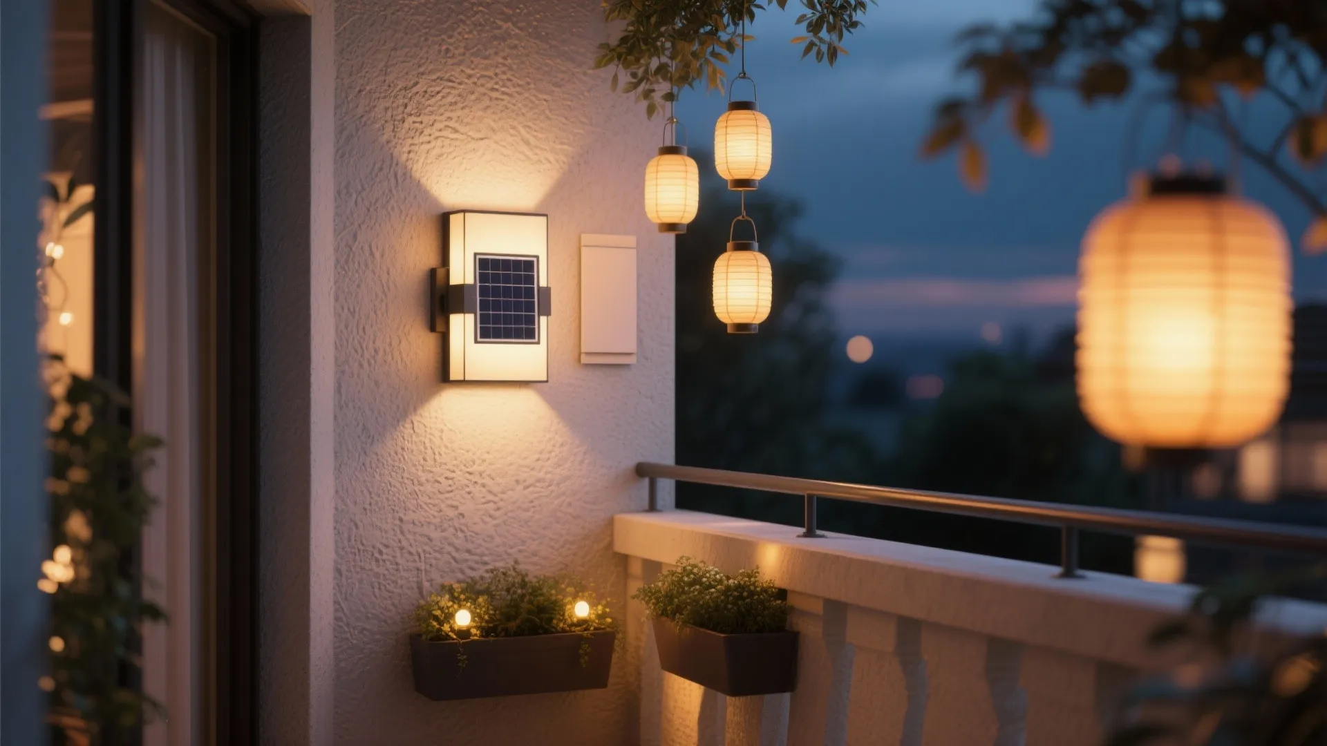 Modern balcony wall light with solar panel next to hanging paper lanterns and potted plants
