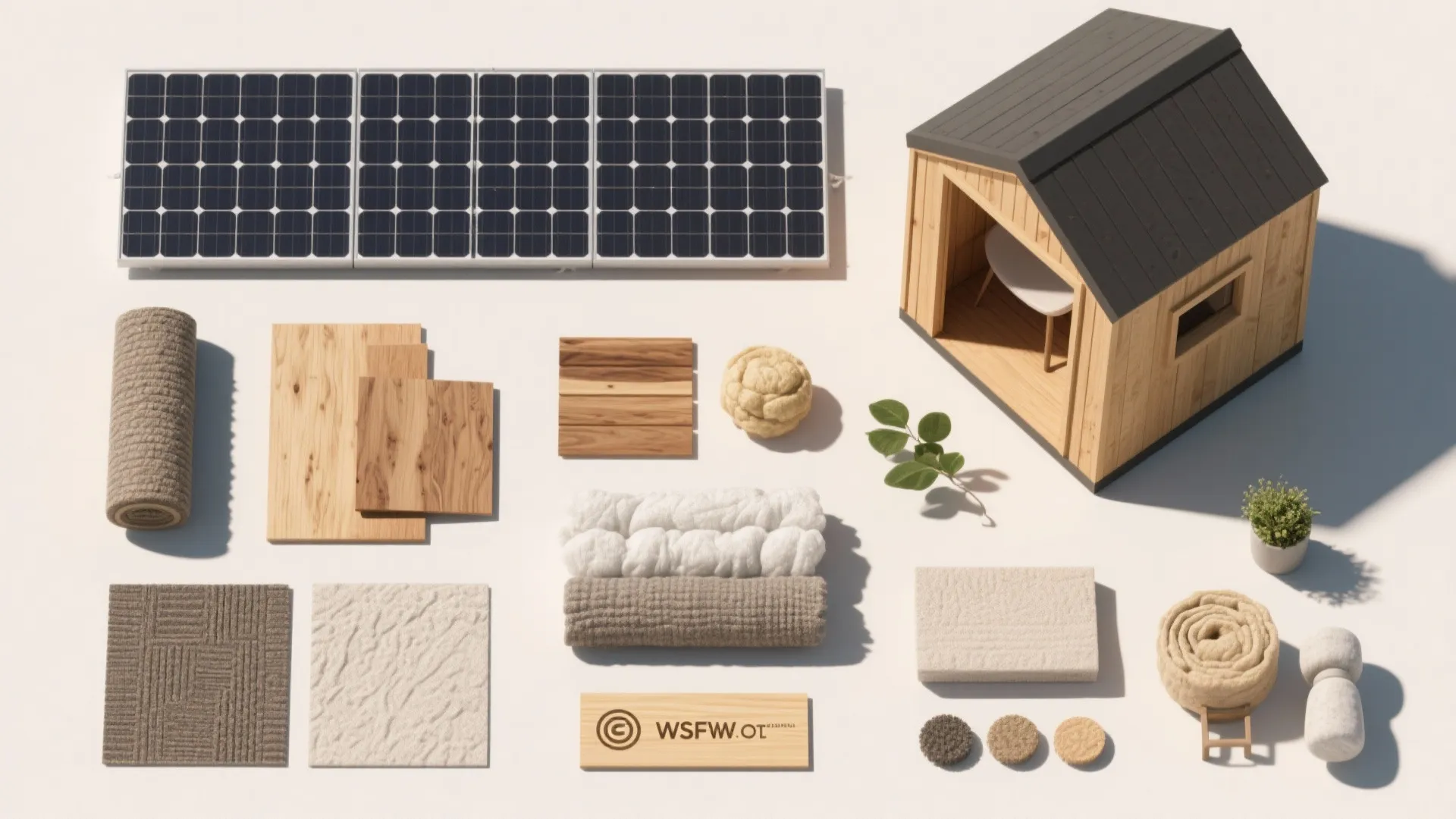 Solar panels with wood planks and fabric rolls next to a small wooden house model