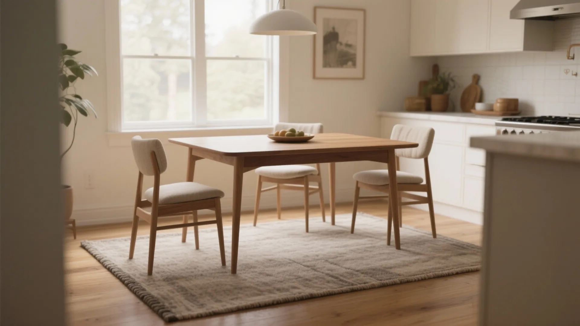 Minimalist dining space with square wooden table three chairs grey rug kitchen cabinets and window
