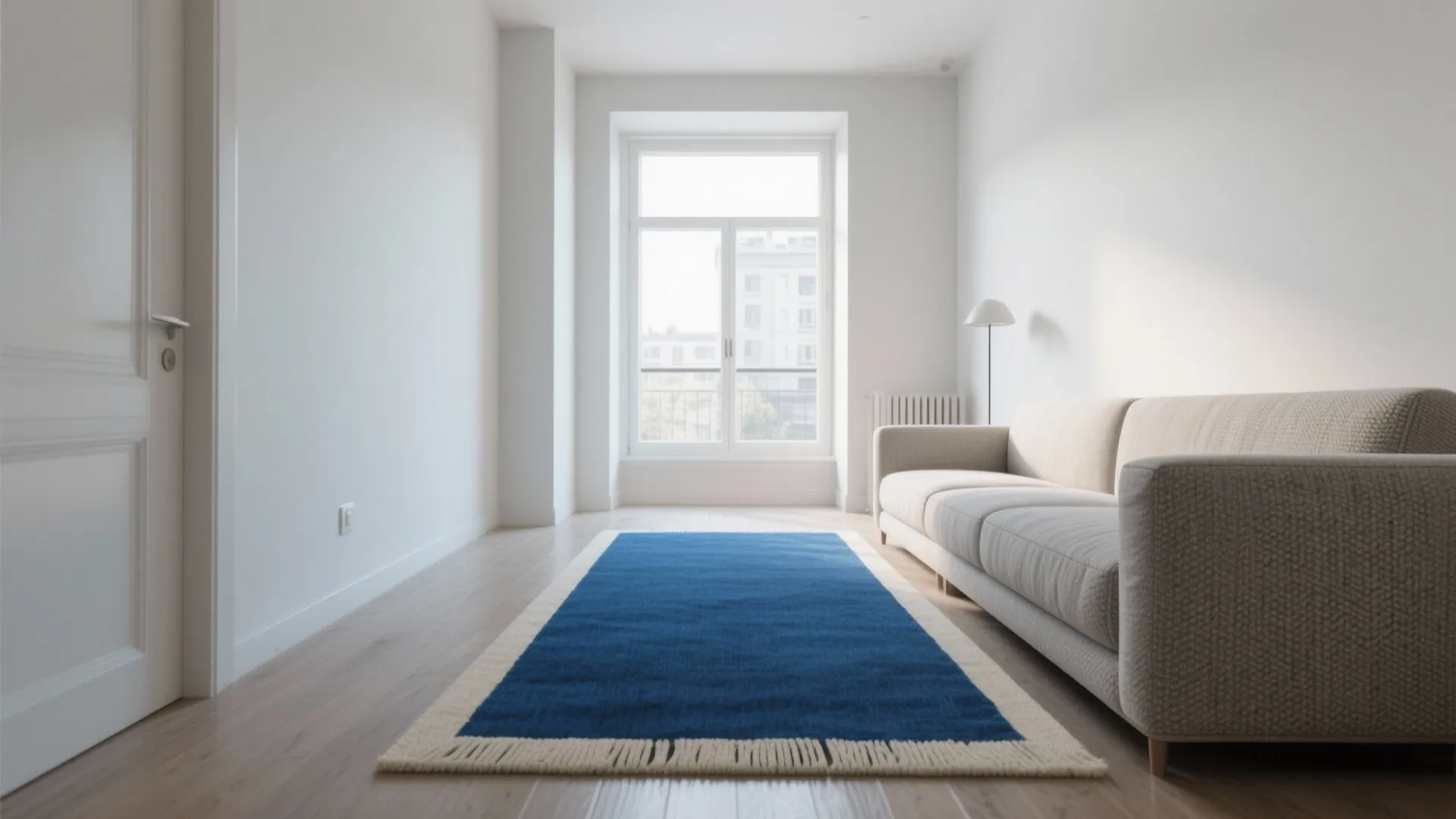 Narrow living room with a deep blue rug and slim cream border making the floor appear larger.