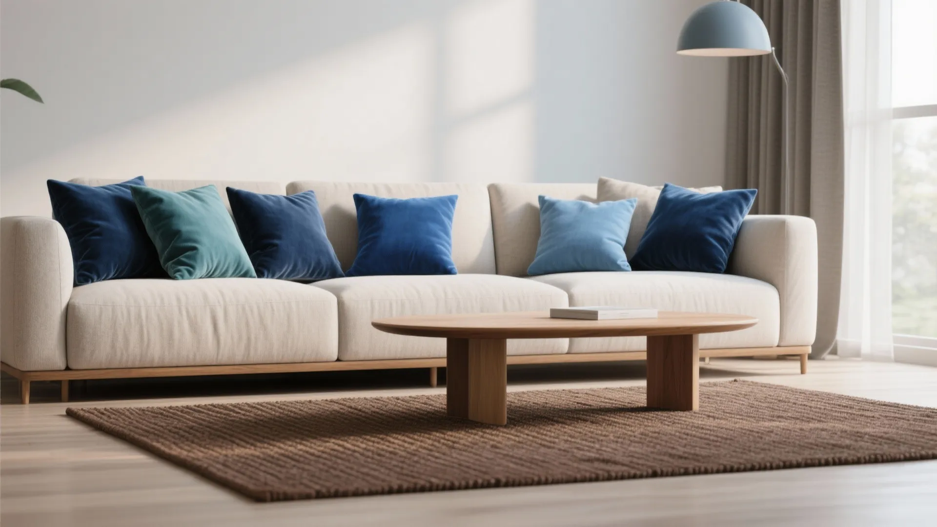 Modern living room with solid mid-brown rug and blue velvet and linen accent pillows.