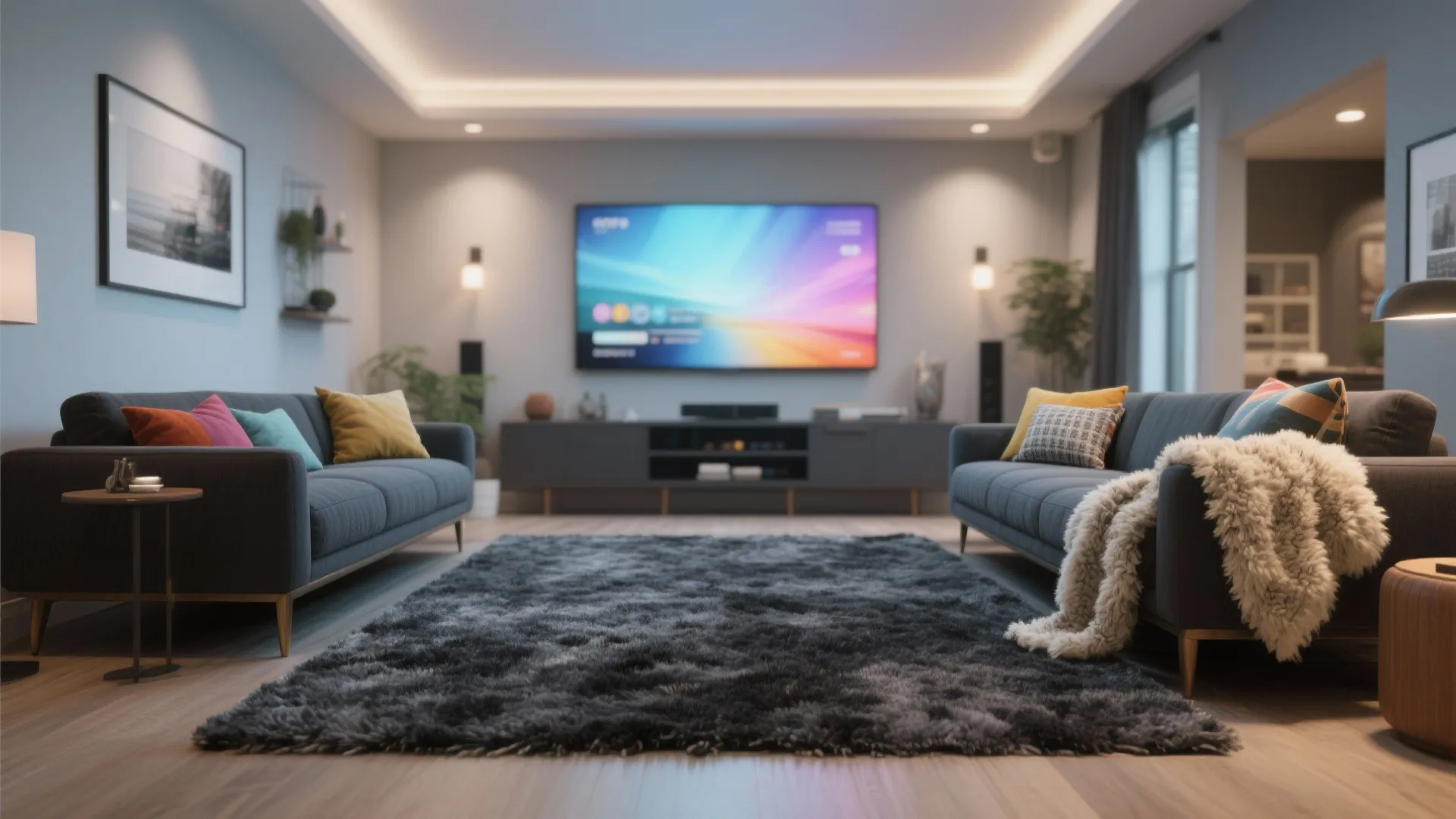 Modern living room with large television dark grey rug two sofas colorful pillows and warm lighting