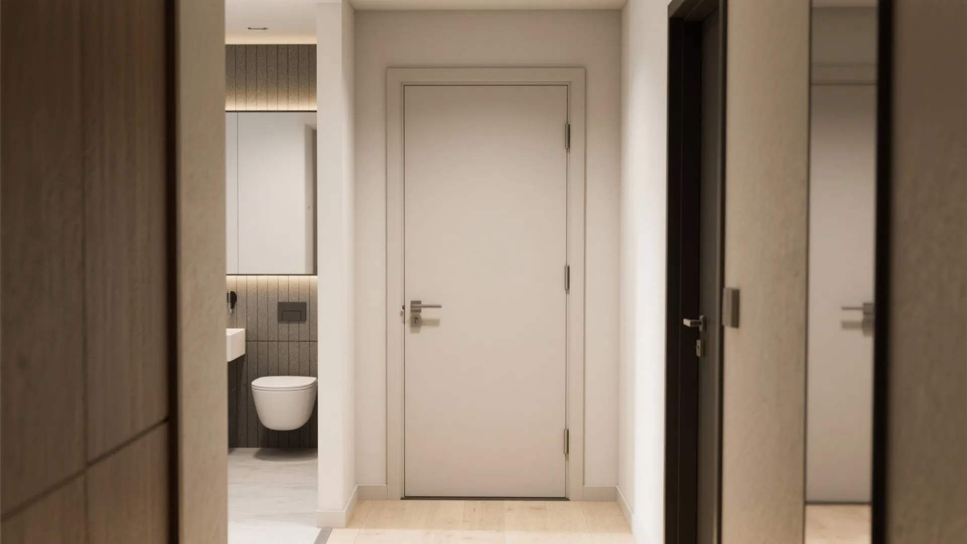 Flush solid-core bathroom door with perimeter seals and drop seal for sound privacy.
