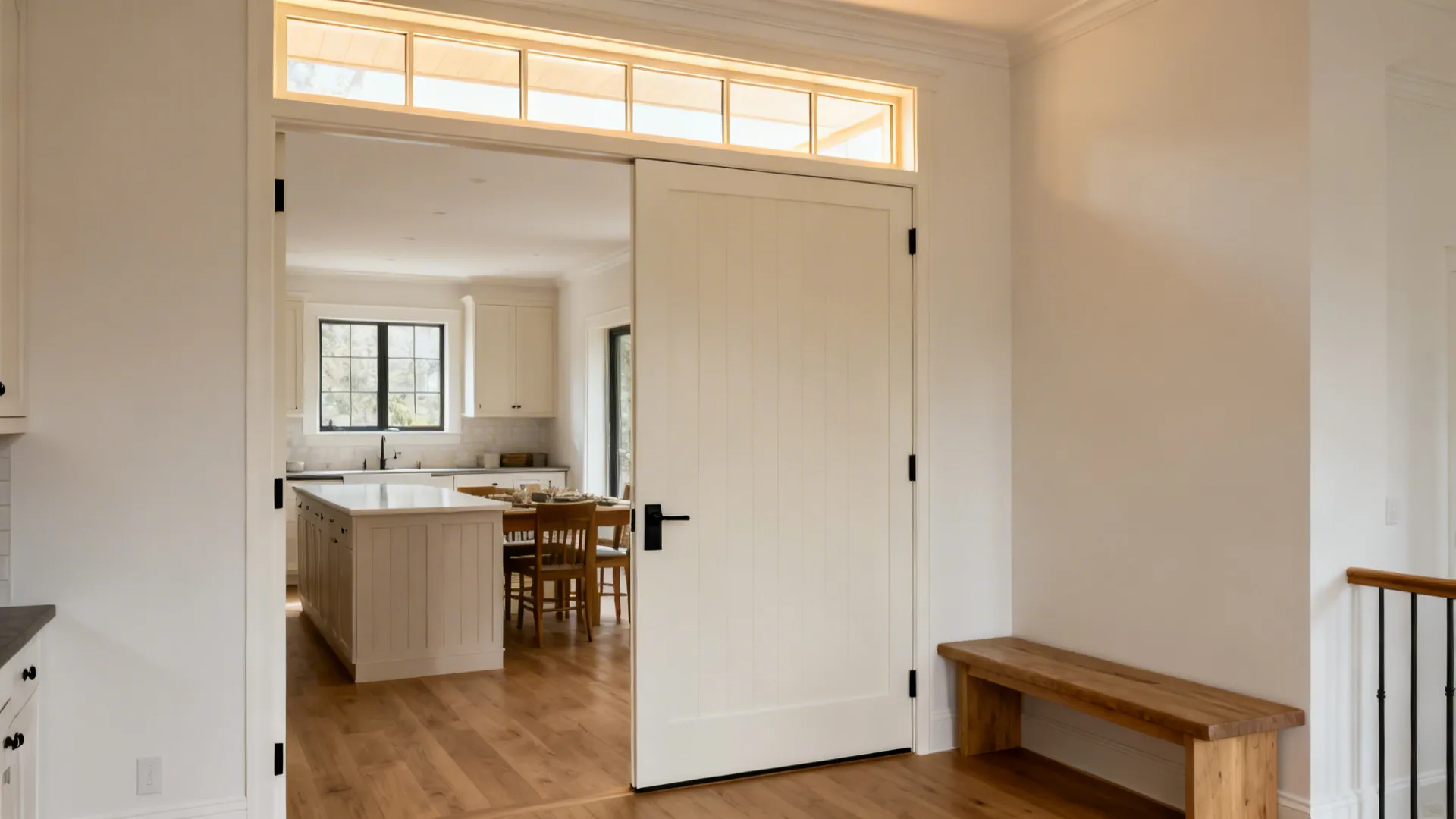 Solid core kitchen door with a glazed clerestory transom bringing daylight into the dining room.