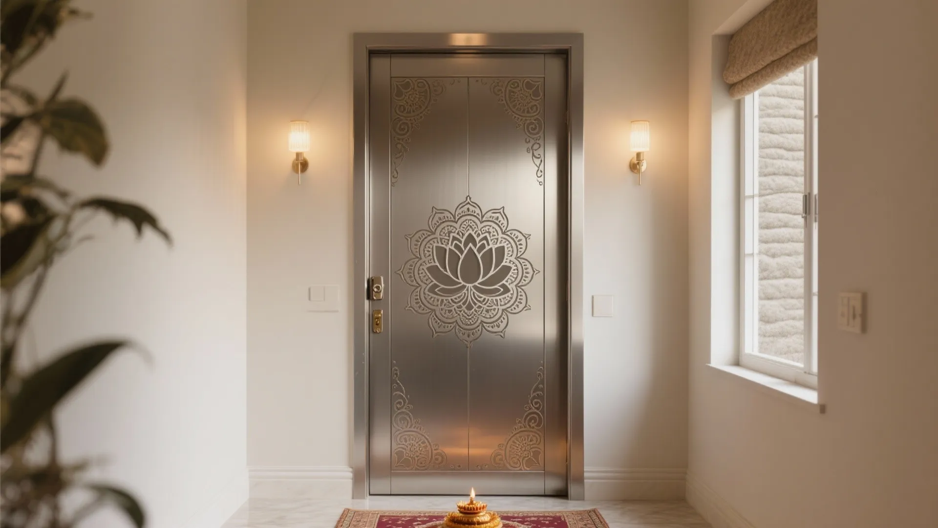 Silver metal door with flower pattern design between two wall lights in a bright hallway