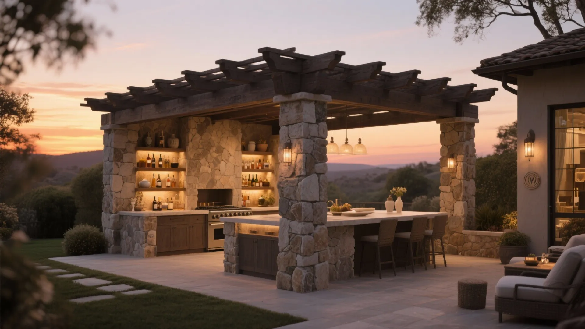 Luxury outdoor kitchen with stone pillars wooden roof bar seating and warm lighting at sunset