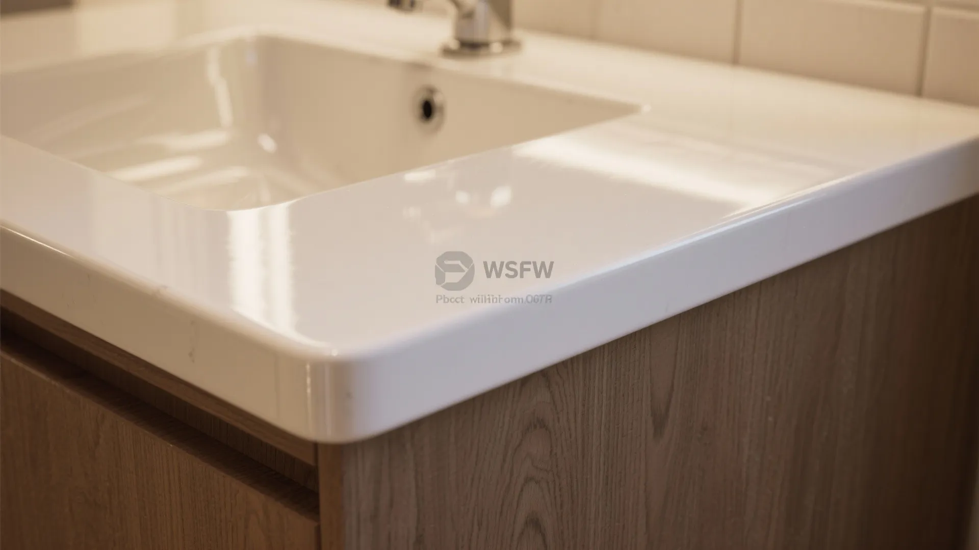 White glossy bathroom countertop edge on wood cabinet with white sink and silver metal tap