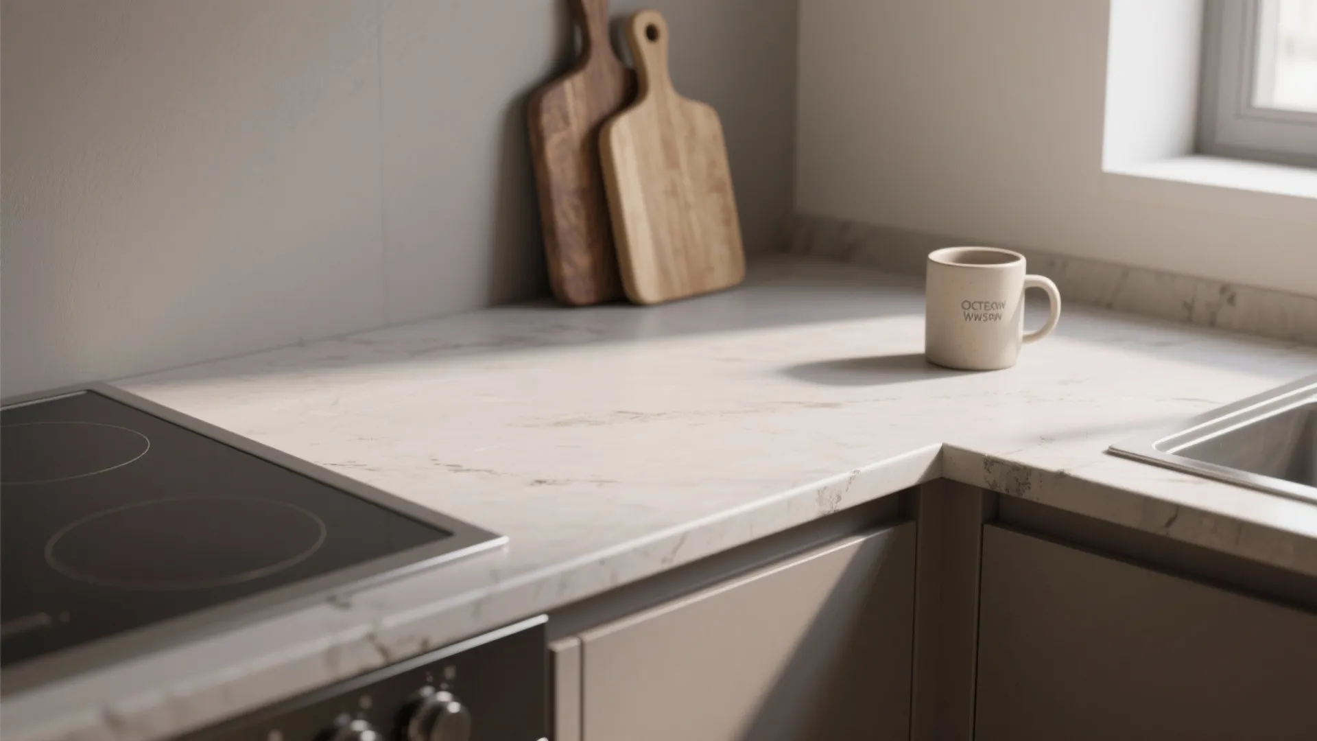 Small kitchen countertop painted matte warm grey with sealed edges and minimalist accessories