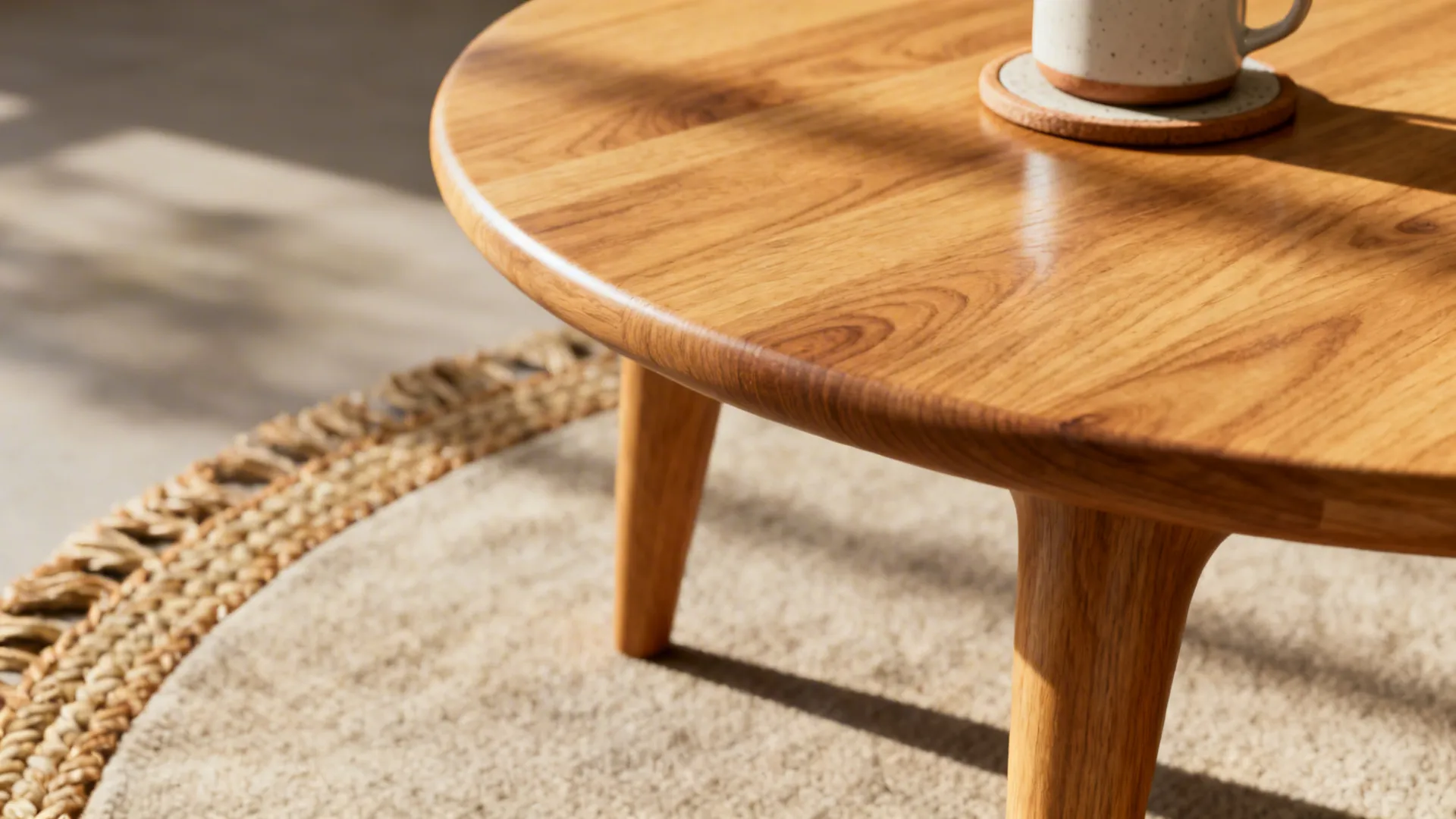 Close up of a round solid wood coffee table with a mug on a rug