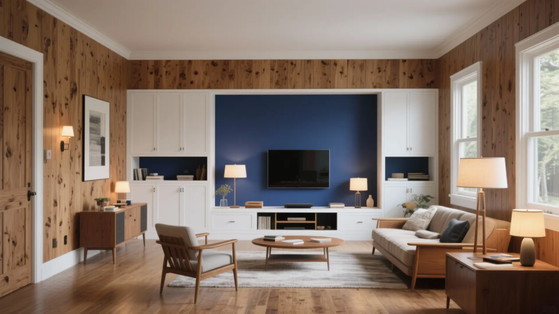 1970s pine den transformed with a navy feature wall and white built-ins showing a full solid paint reset.