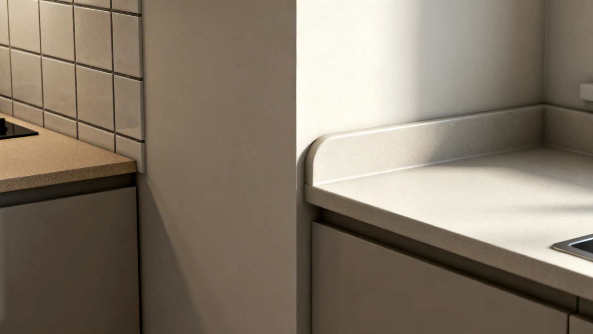 Before-and-after showing tile-and-laminate upgraded to seamless solid surface with coved upstand.