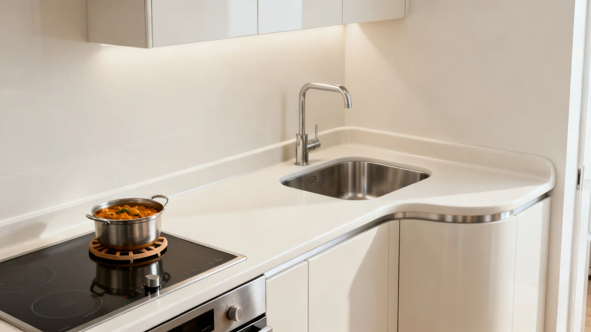 Seamless white solid-surface countertop with coved upstand in a compact kitchen.