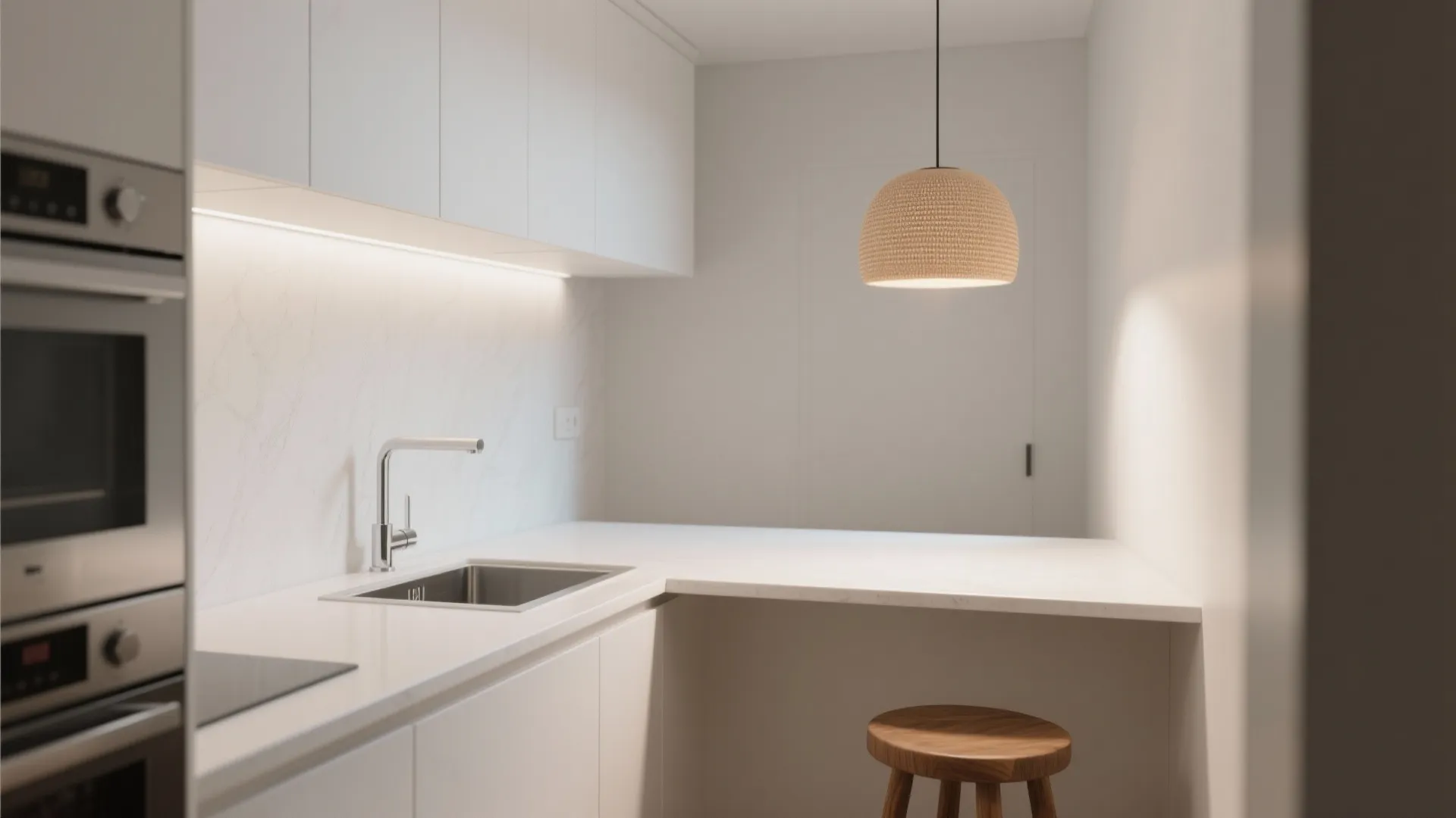 Minimalist white kitchen corner featuring marble wall surface sink light fixture and one small wooden stool