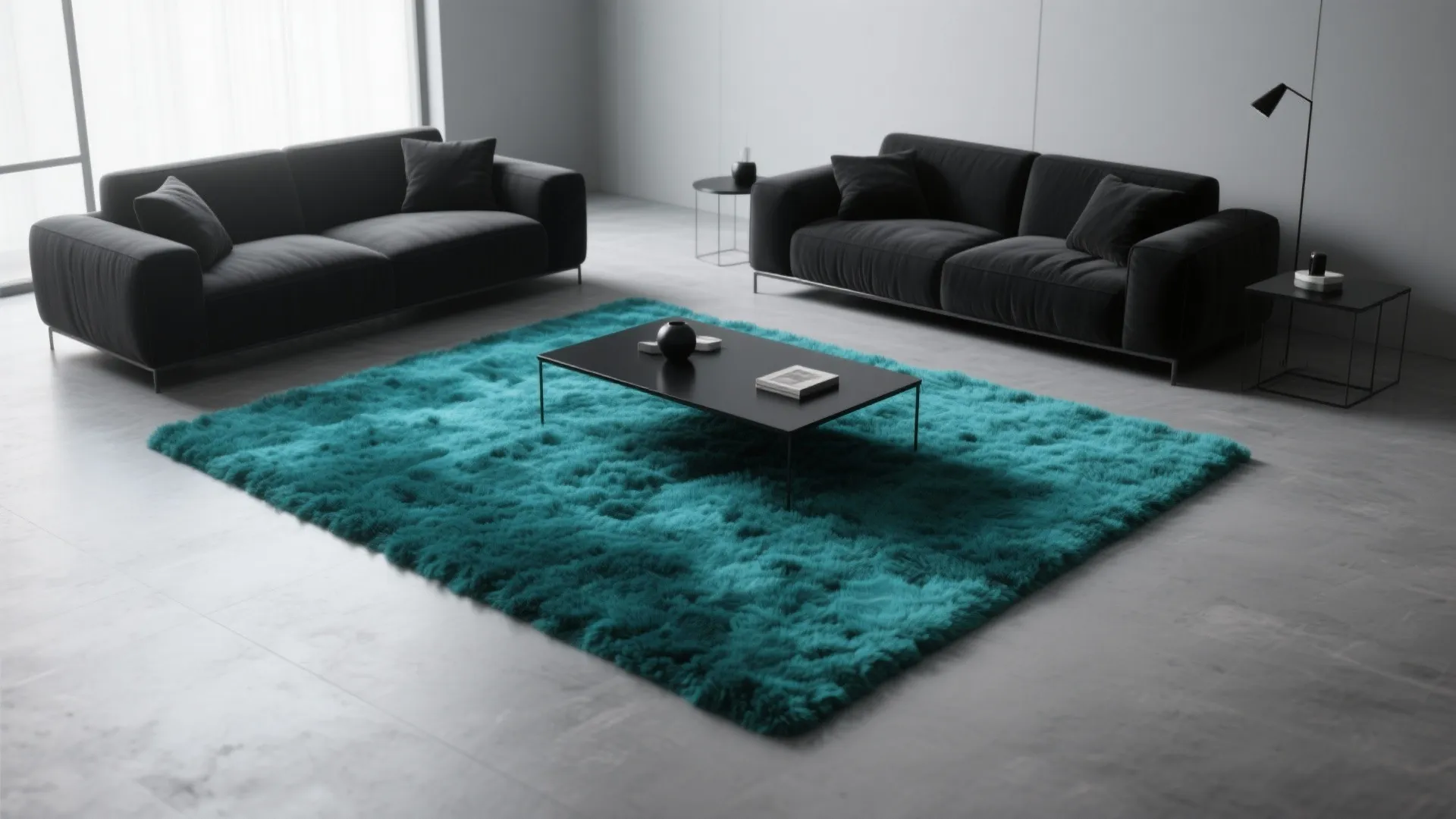 2. Use a solid teal rug to inject color into a monochrome scheme