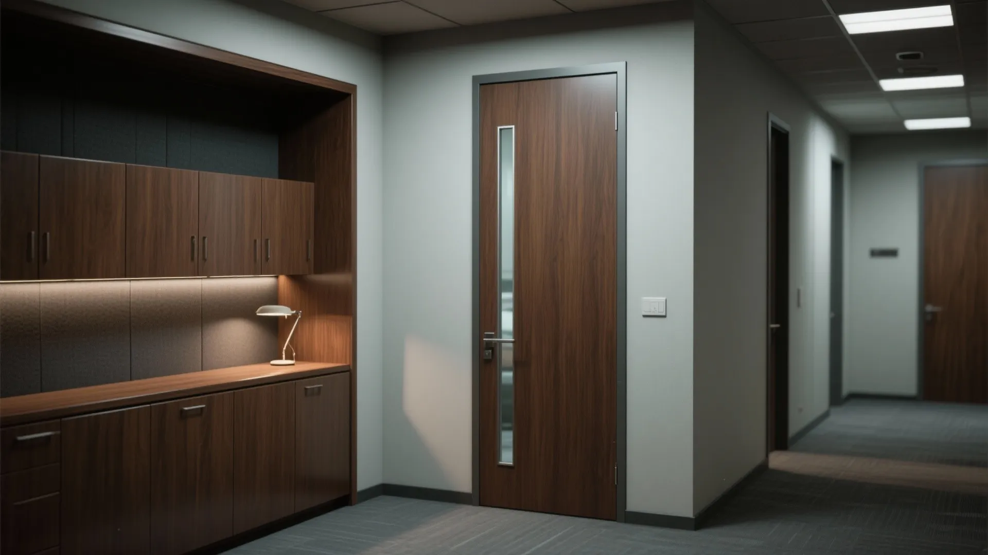 Dark wood cabinet with table lamp next to a wooden door with vertical glass strip