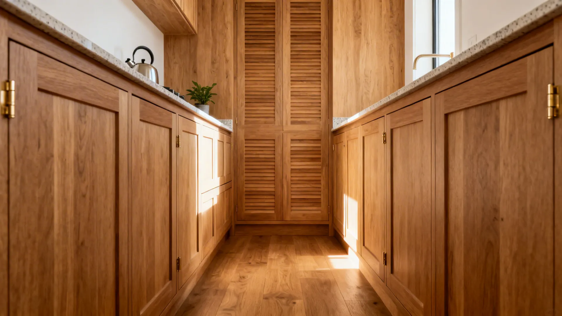 Small galley kitchen with matte solid wood shaker shutters in warm oak and concealed pulls.