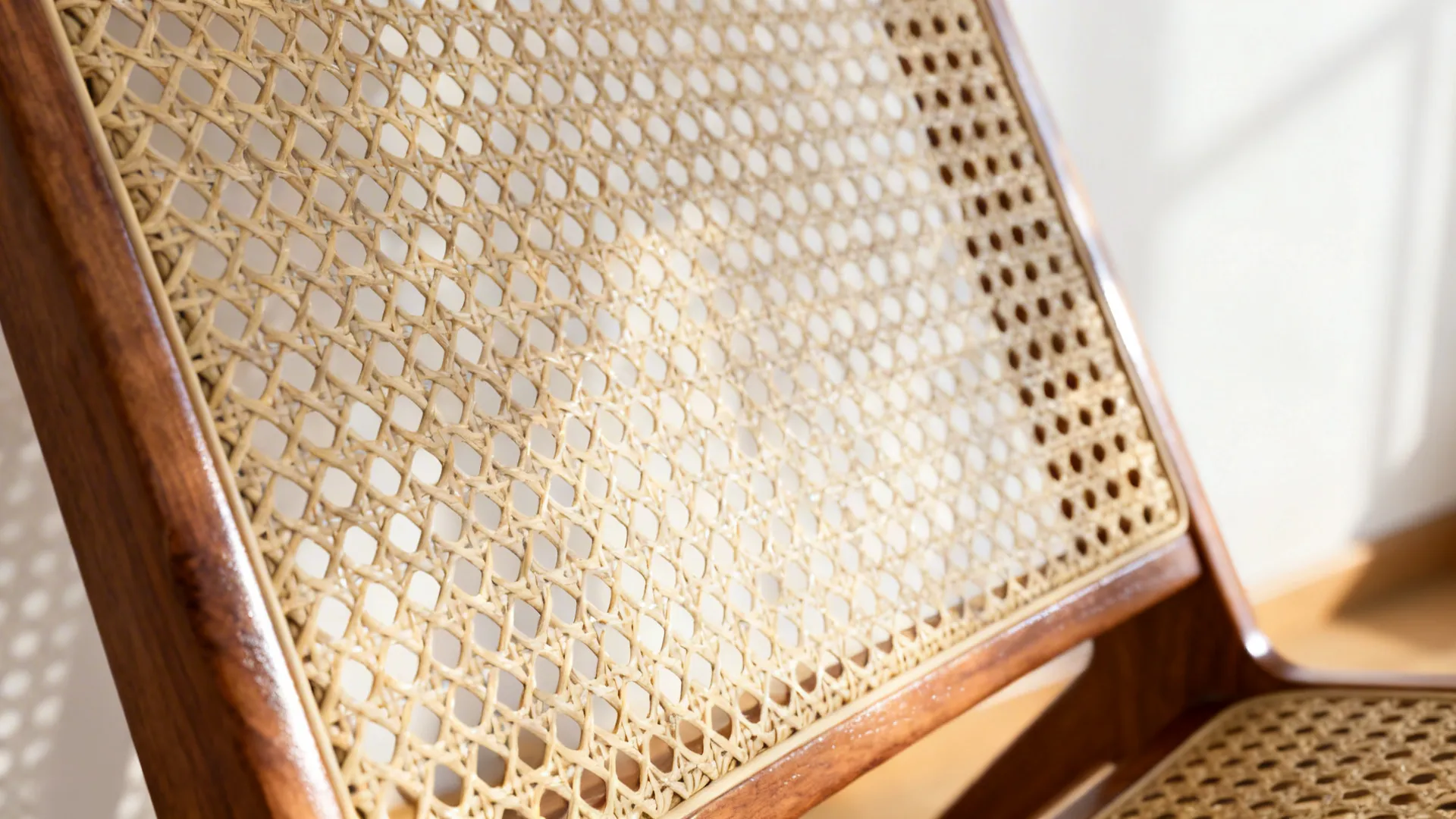 Close-up of solihiya cane weave with detailed wood frame and natural texture.