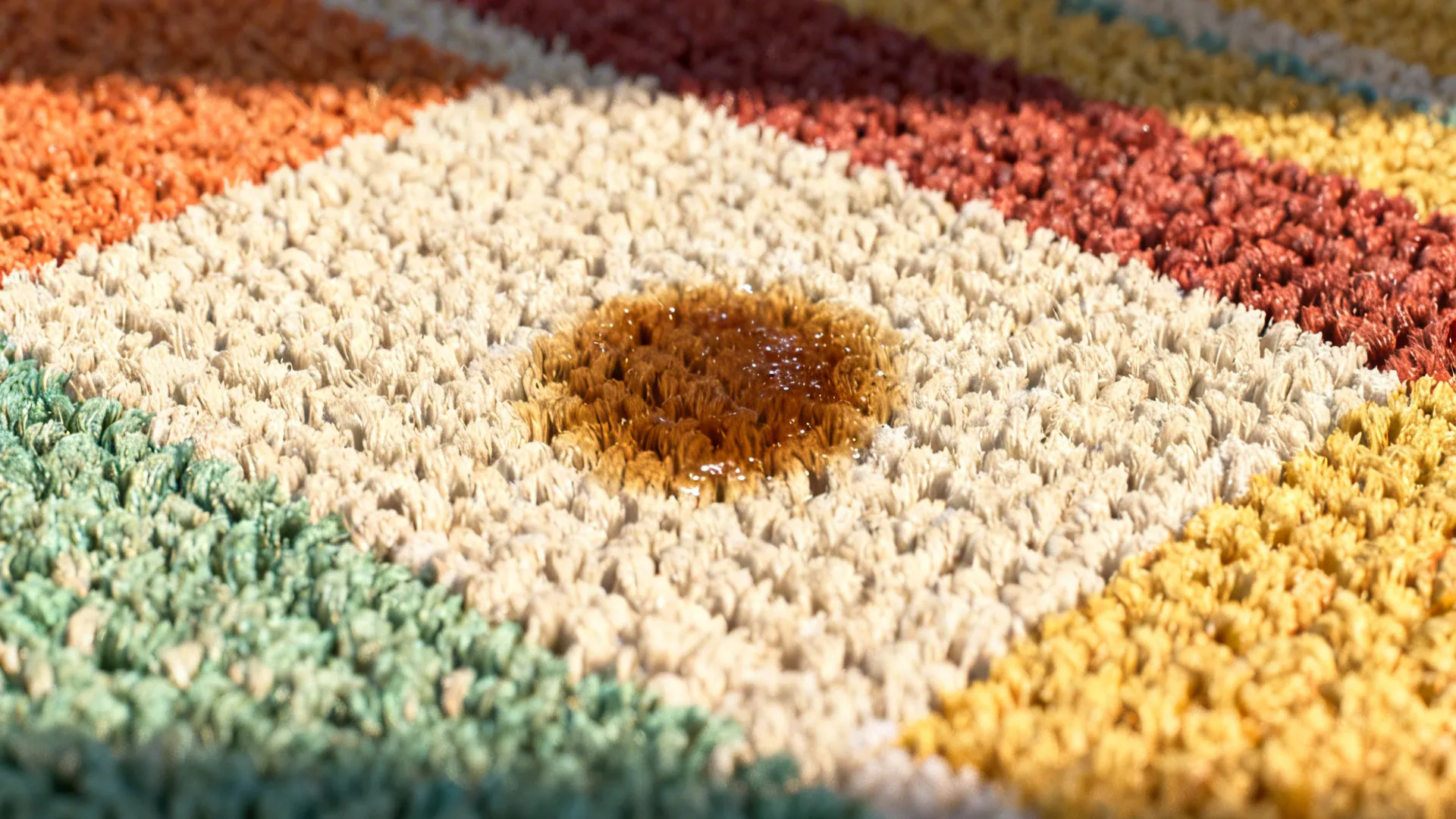 Macro view of solution-dyed acrylic rug fibers with a coffee ring being blotted, showing vibrant, colorfast weave.