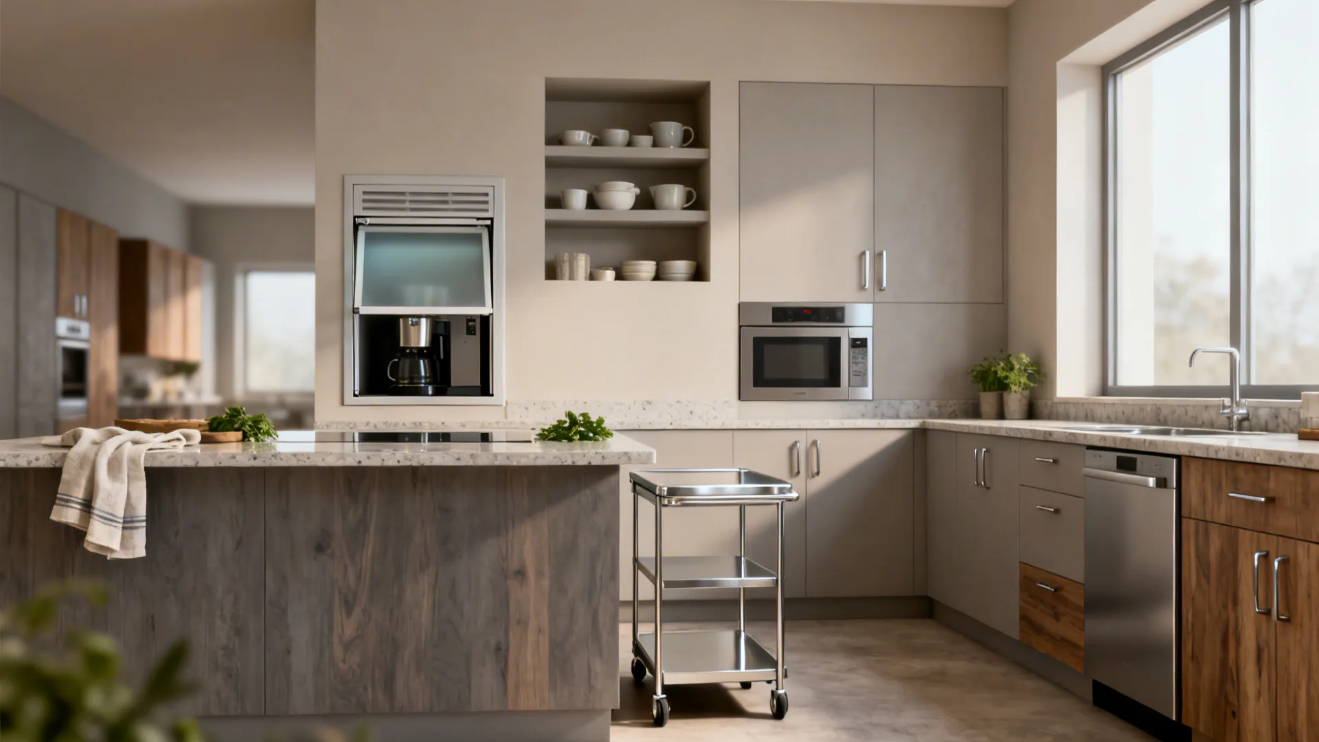 Modern kitchen illustrating niche, garage, corner, and cart microwave solutions together.