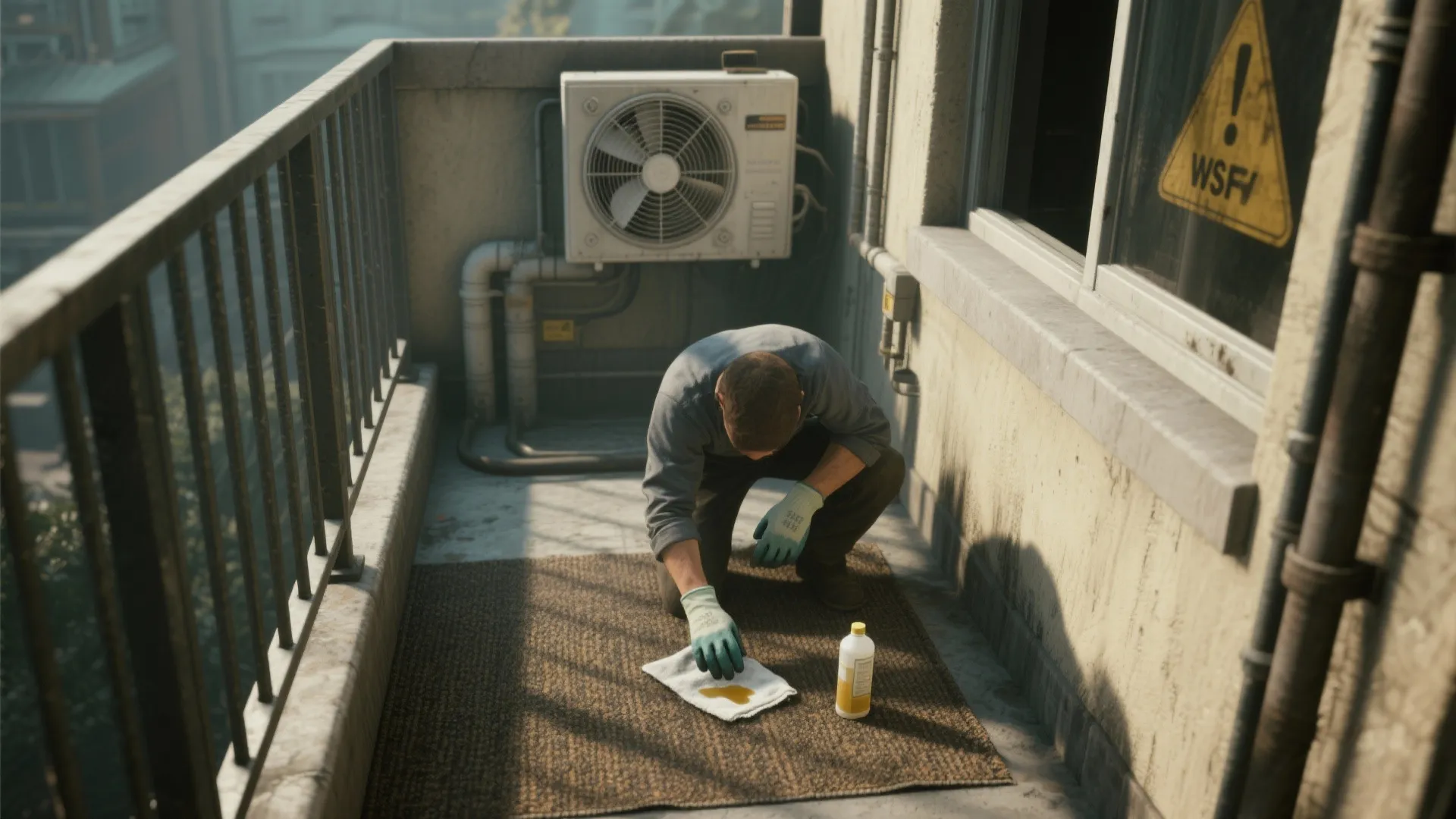 Outdoor ventilated area showing a small solvent patch test on carpet with gloves and a fan nearby.