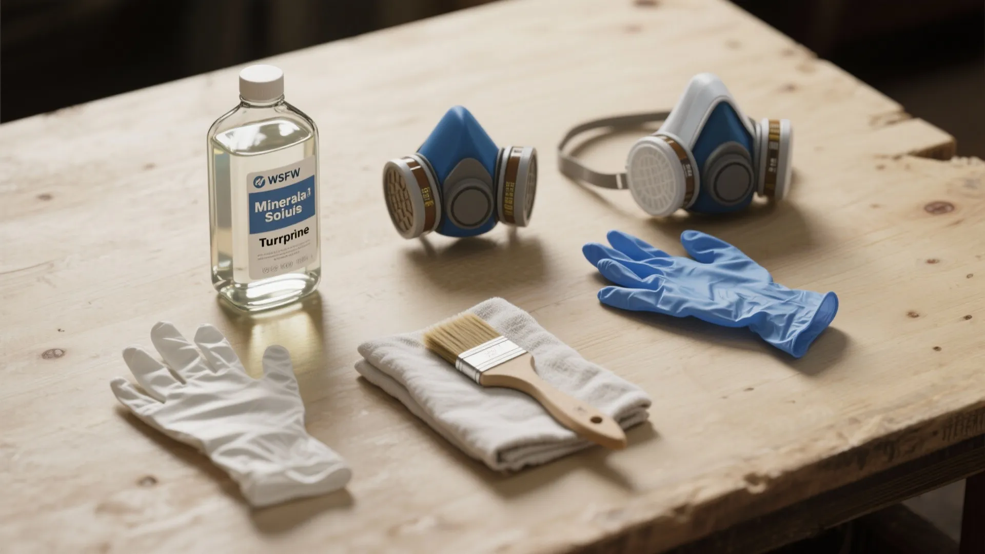 Cleaning tools on wooden table with liquid bottle face masks blue gloves and small paintbrush