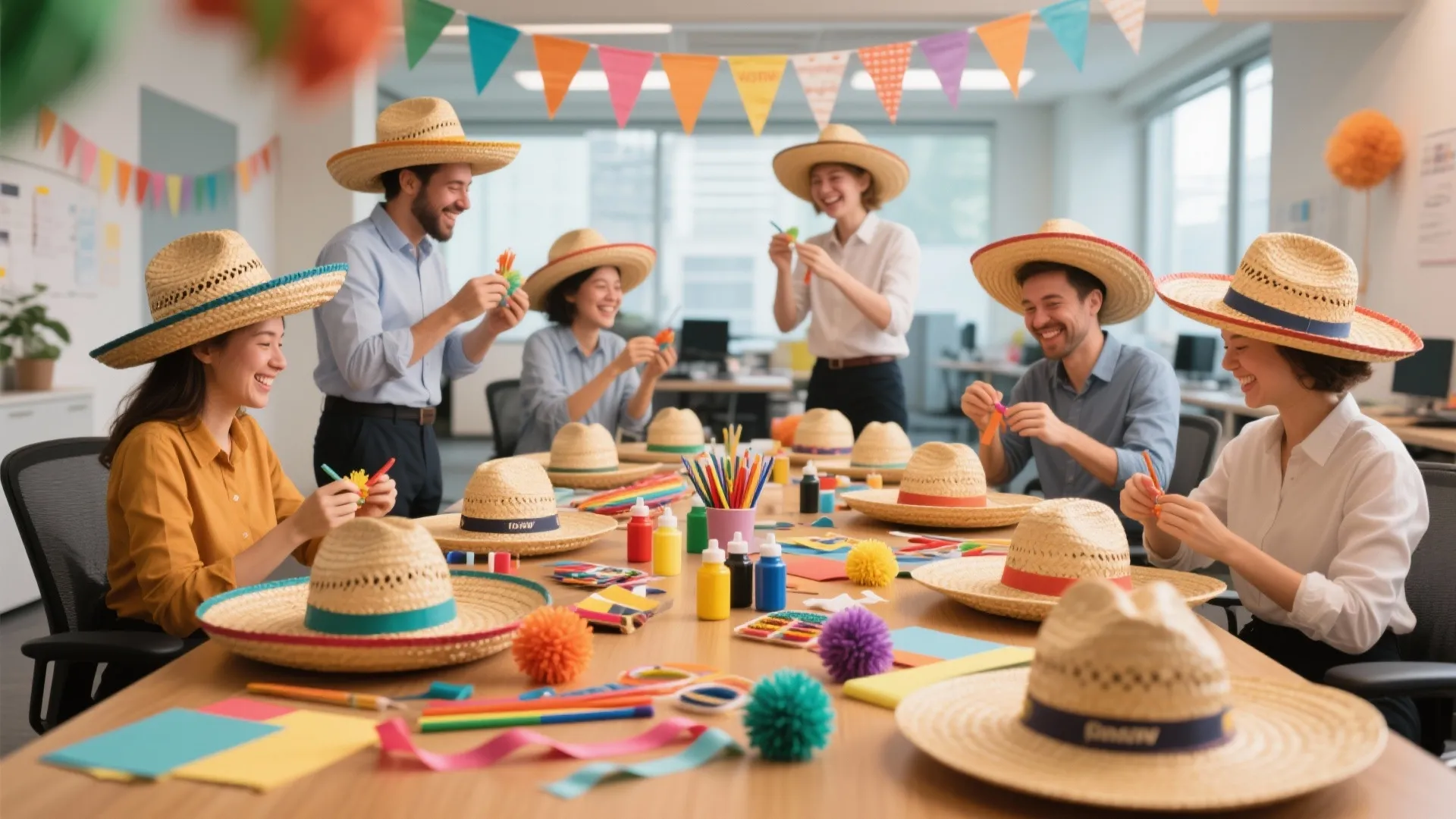 Office employees sitting at a long wooden table decorating straw hats with colorful craft supplies