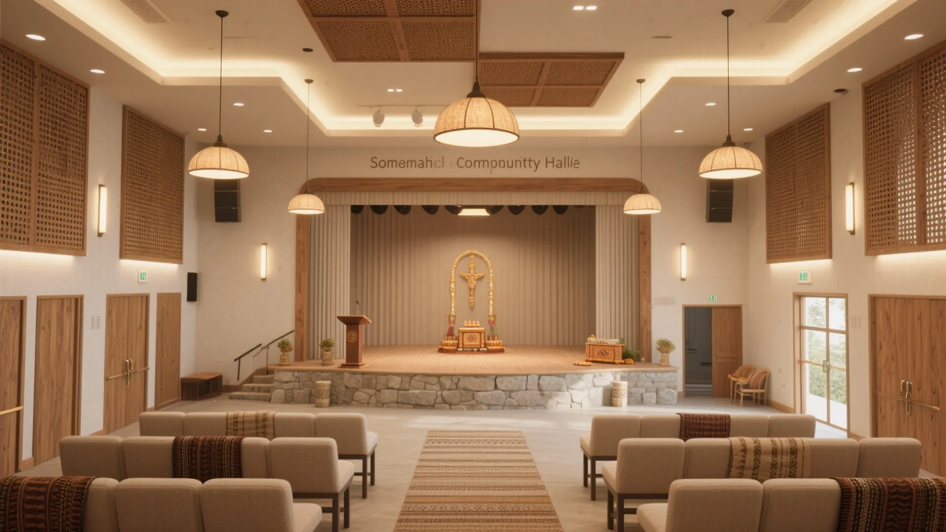 Large hall with many rows of chairs facing a stage with wooden podium and lights