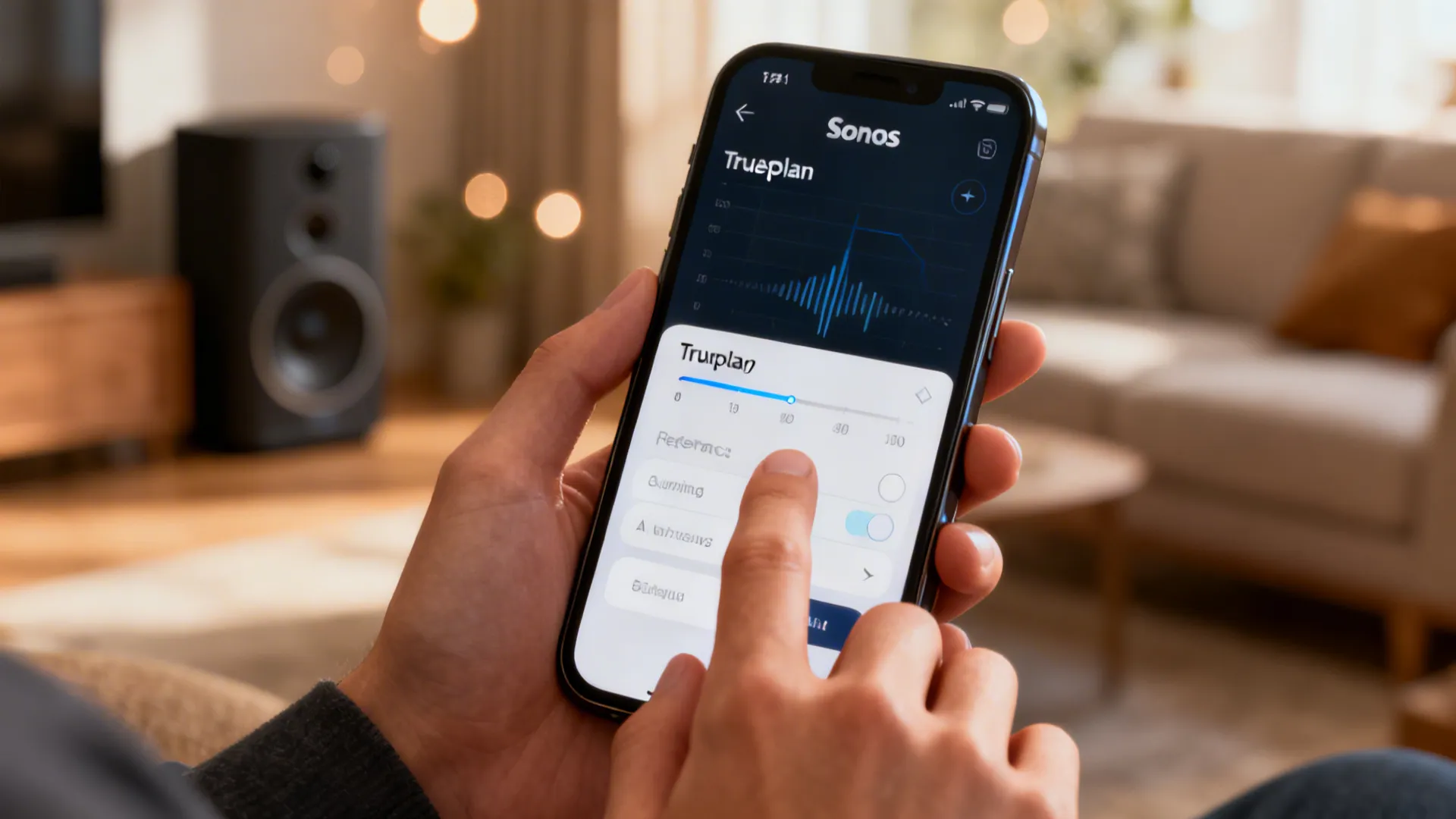 Person using Sonos app for room tuning with living room in background.