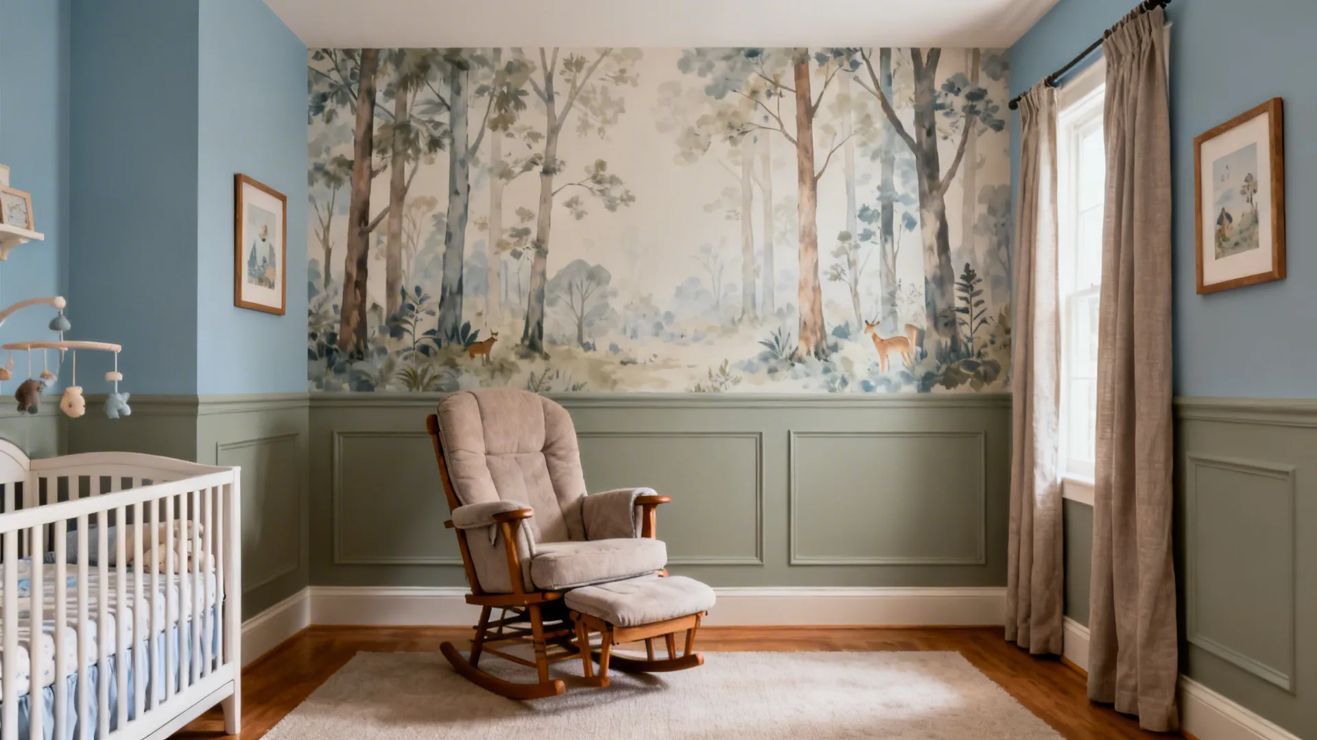 Nursery focal wall with pale woodland mural and dusty sage wainscot in soft daylight.