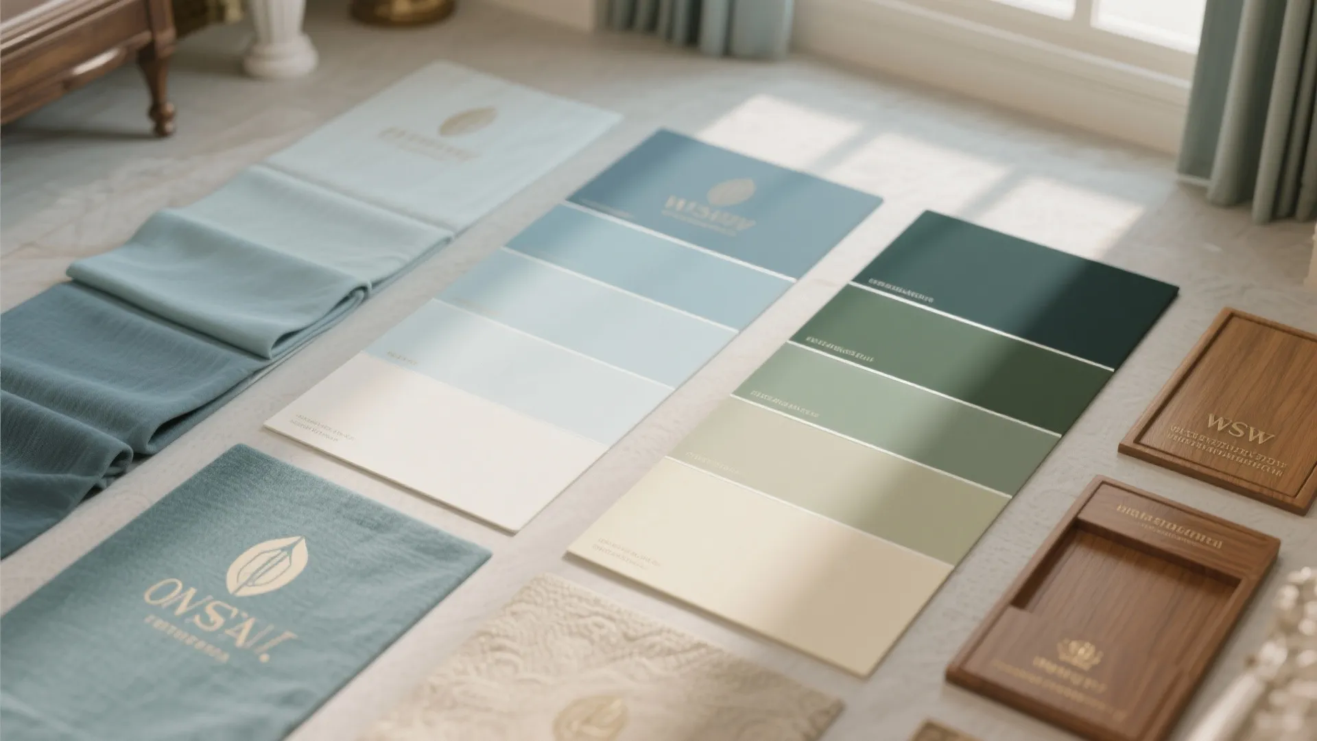 Interior design color palette showing blue and green fabric samples alongside matching paint color card strips