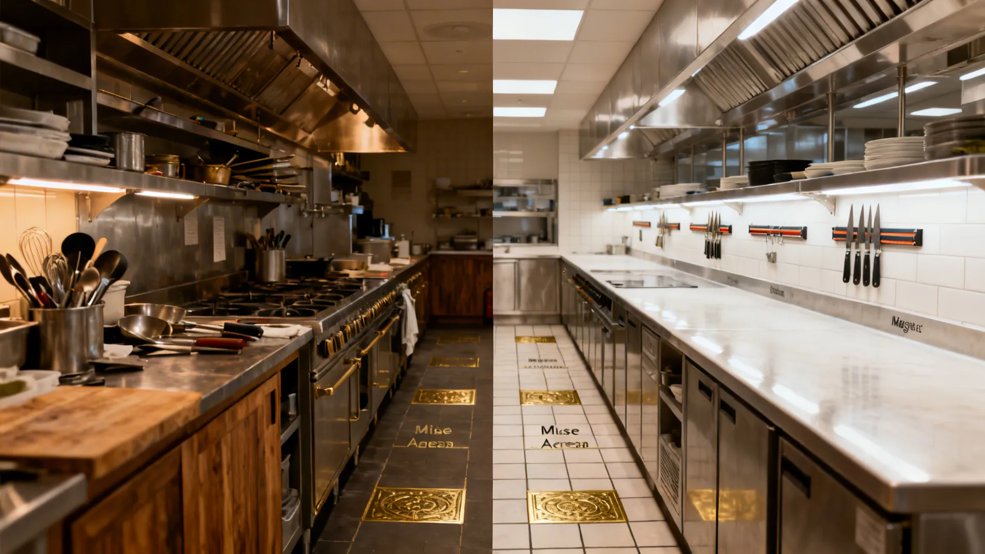Before-and-after of a kitchen line showing clutter resolved by clear zones, lighting, and organized mise.