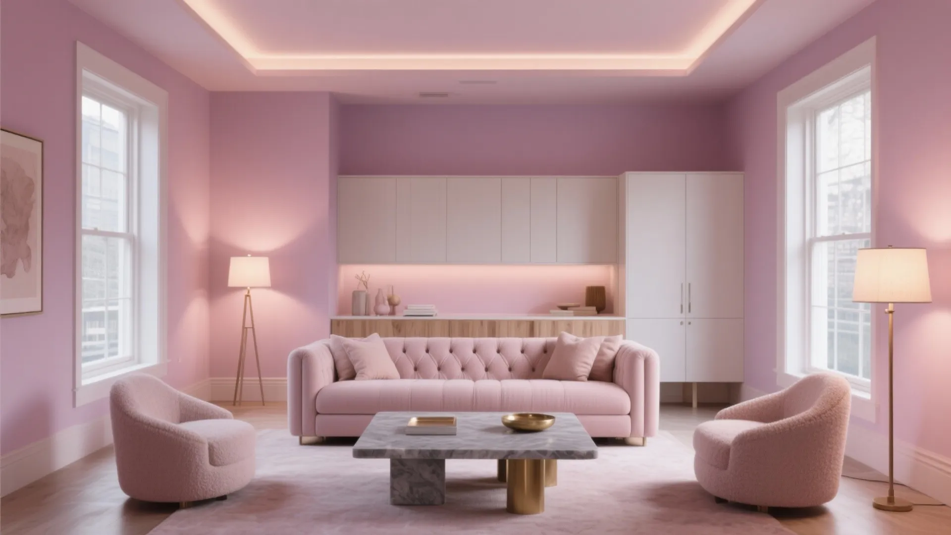 Modern pink living room with pink sofa marble coffee table white cabinets and floor lamps