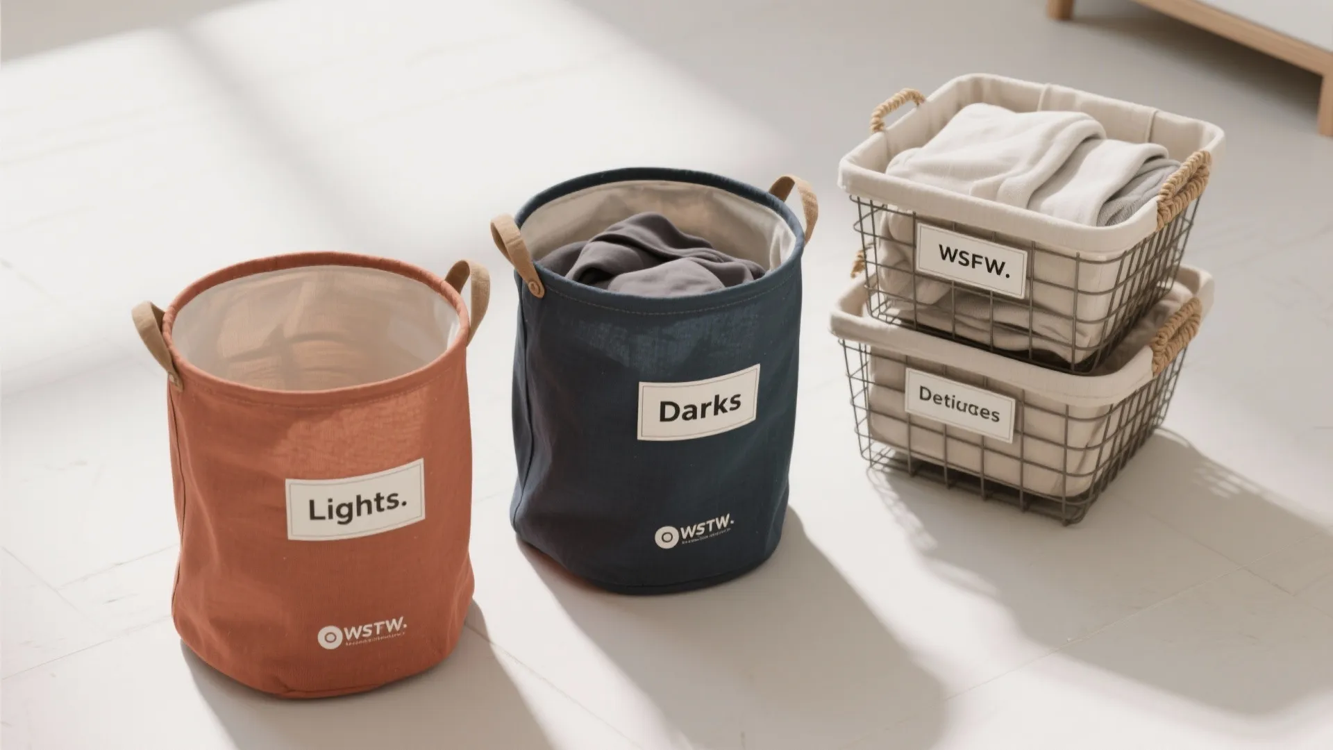 Colorful laundry baskets and wire bins labeled for sorting clothes on a white floor background