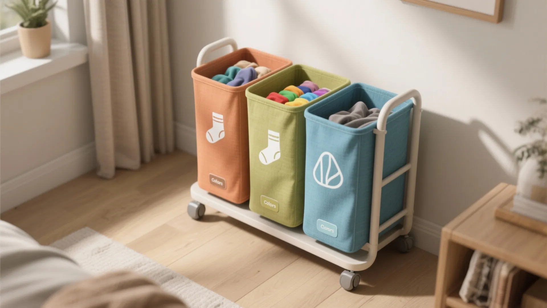 Laundry sorter on wheels with orange green and blue fabric bags for sorting colorful clothes