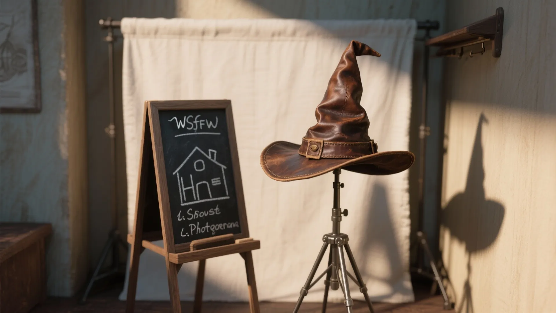 Brown pointed hat on a tripod stand next to a small blackboard in a room