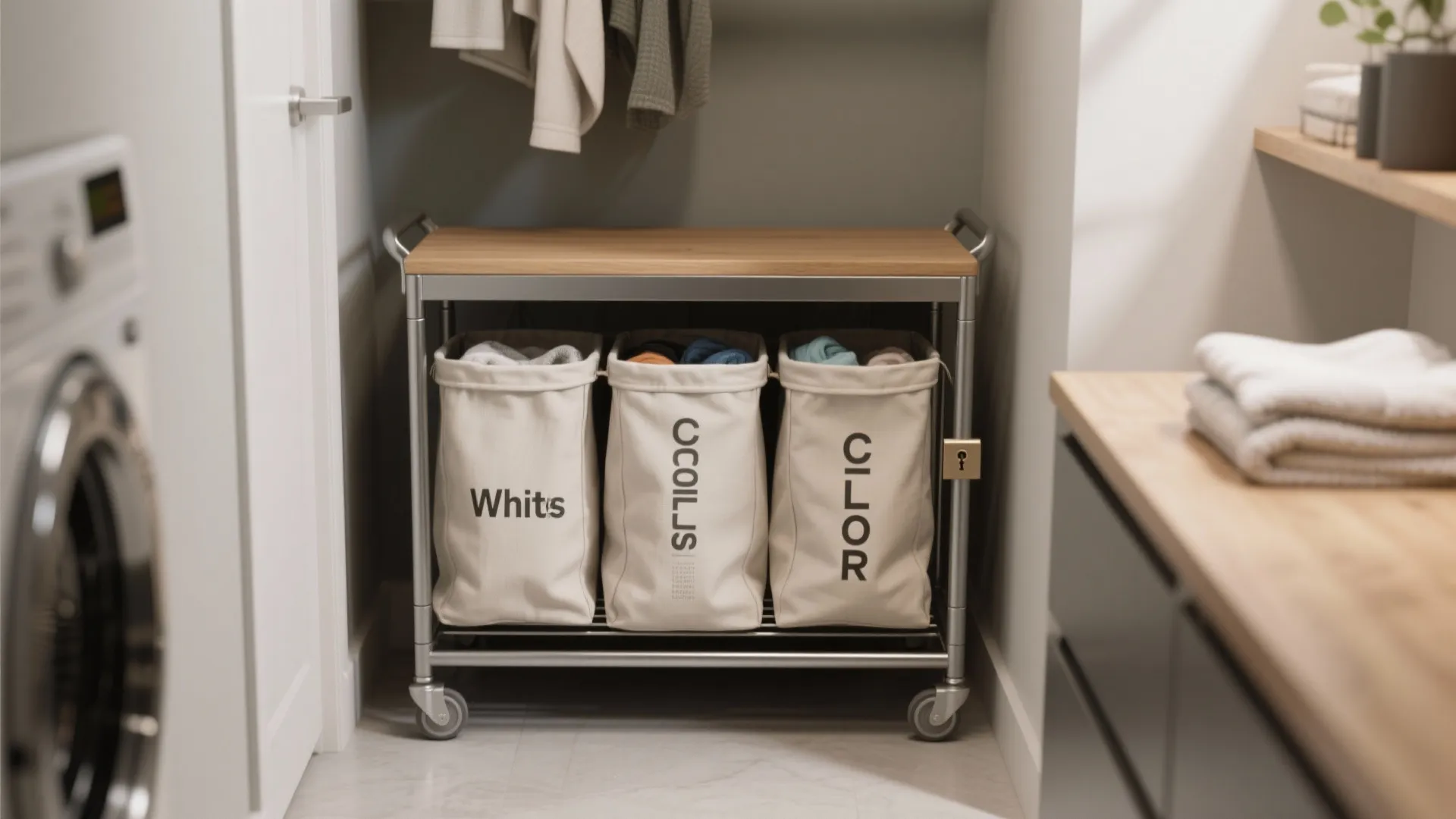 Metal laundry cart with wood top and three labeled fabric bags in a bright room