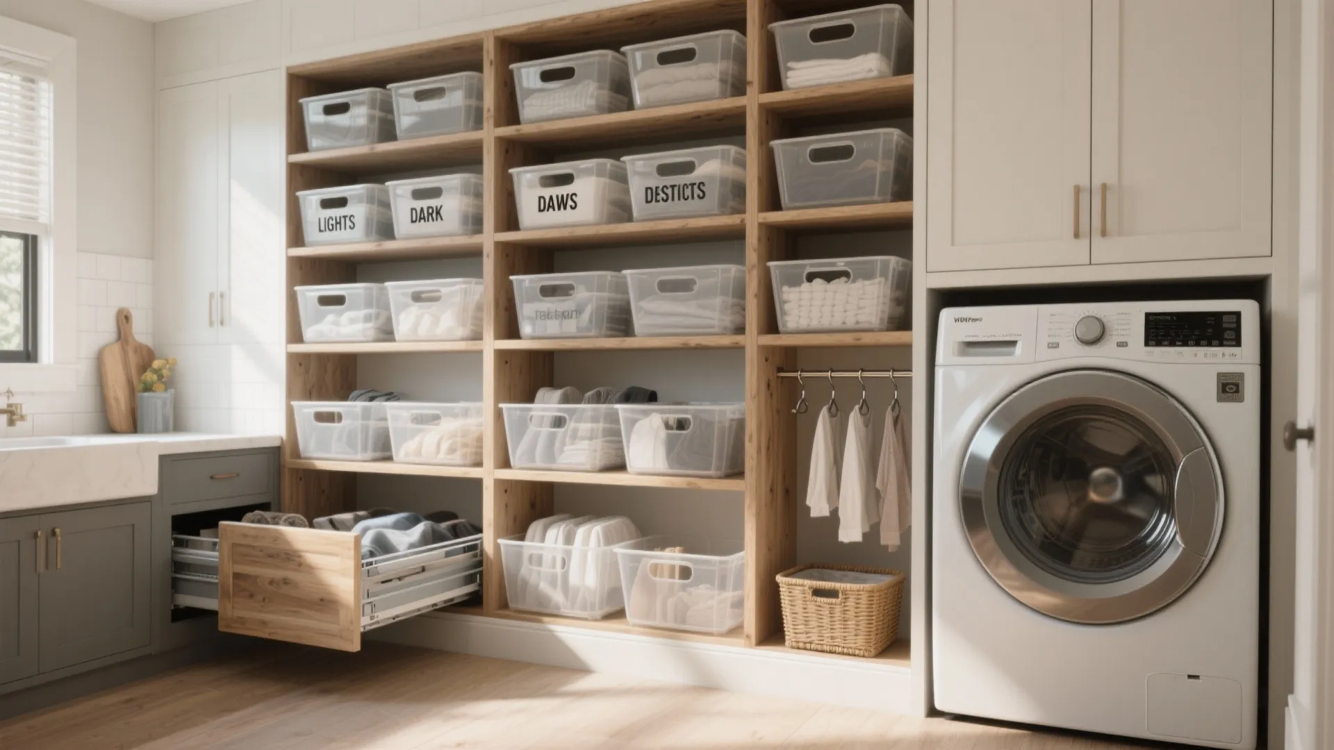 Organized laundry room with wooden shelves clear plastic bins washing machine white cabinets and sink