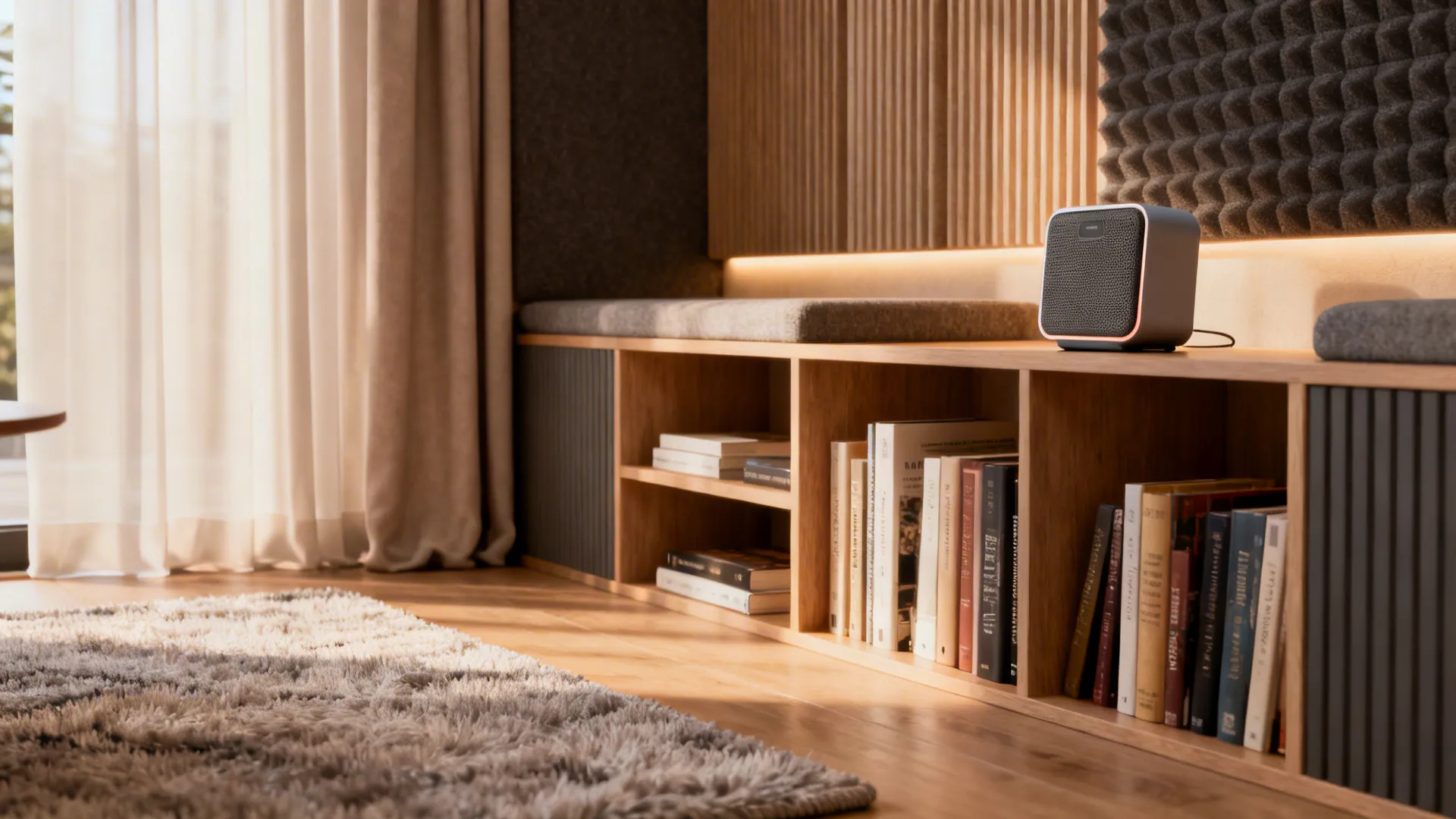 Small Bluetooth speaker on a bookshelf with a rug and curtains to improve acoustics in a compact living room.