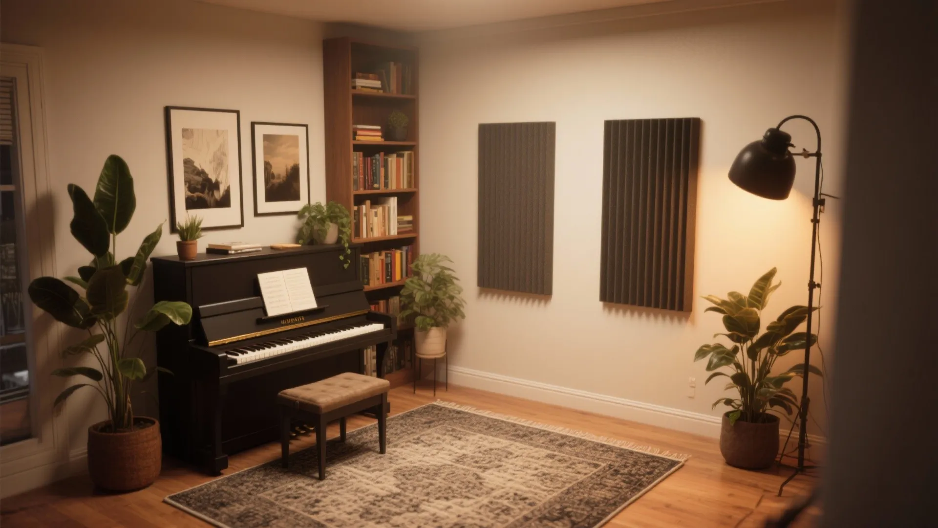 Music room with black piano, tall bookshelf, wall panels, floor lamp, rug, and indoor plants