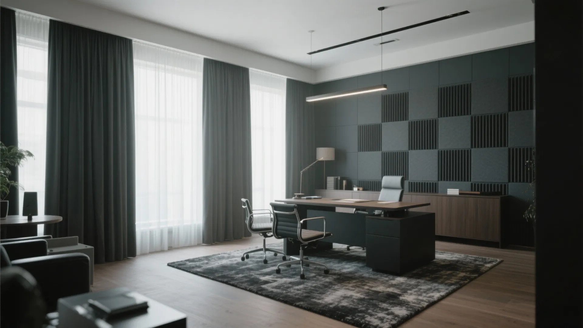 Modern office with dark wall panels large desk black chairs grey rug and ceiling light