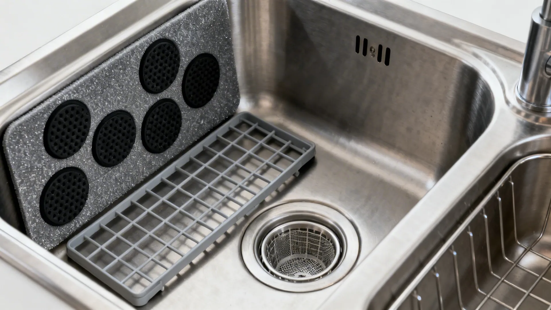 Macro of stainless sink undercoating and pads with a bottom grid and basket strainer.