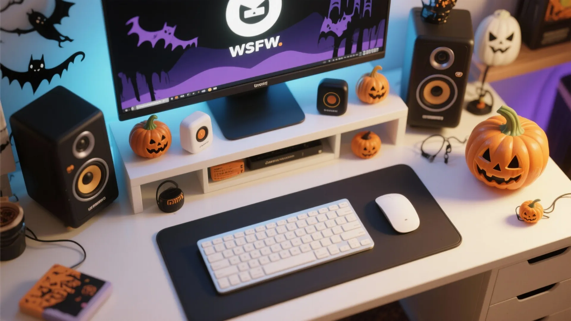 White desk with a computer monitor speakers keyboard and small pumpkins for a festive workspace