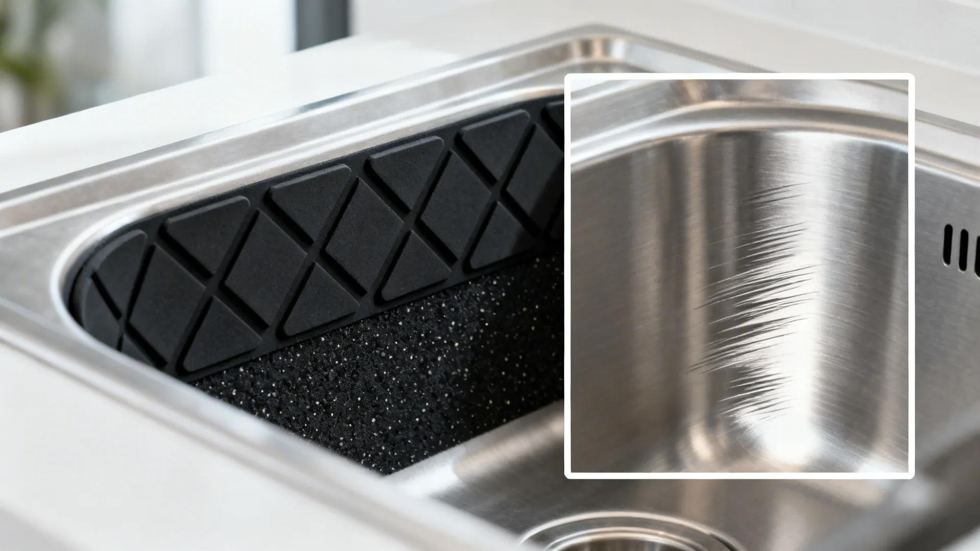 Macro detail of sink sound-deadening pads and a close view of the satin brushed interior finish.