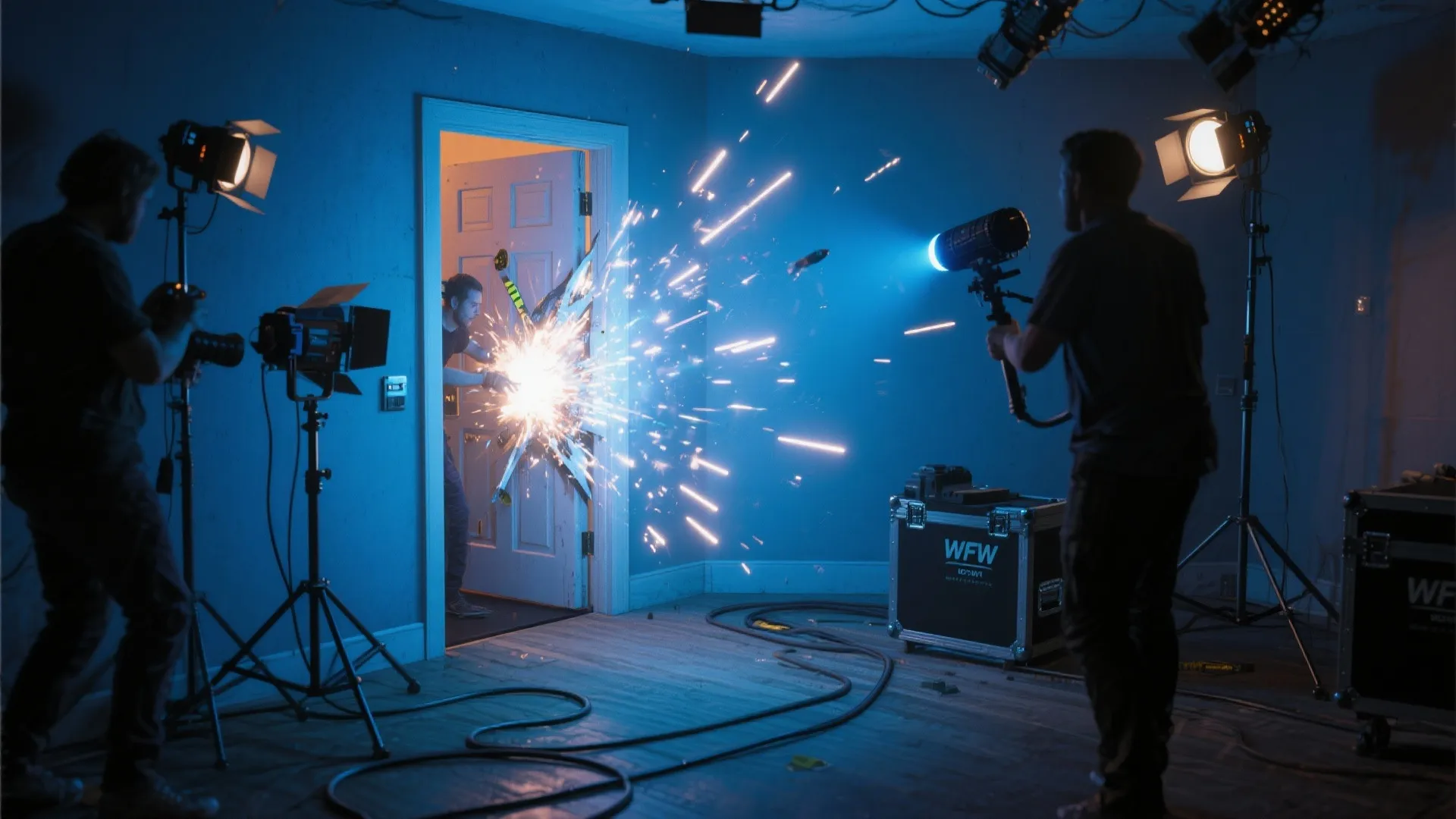 Film set doorway with crew operating safe lighting strobe and sound effects to suggest a breach.