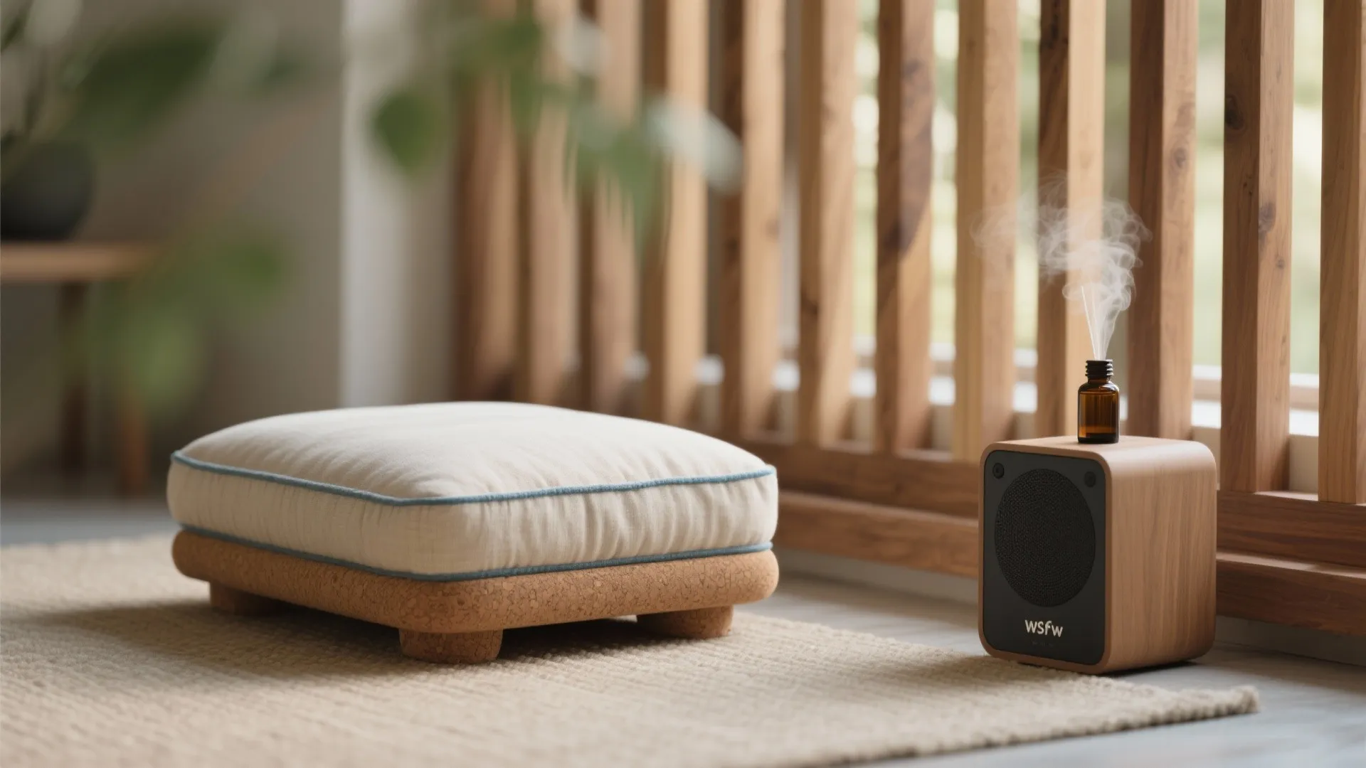Small wooden speaker with essential oil diffuser next to a white cushion on a rug